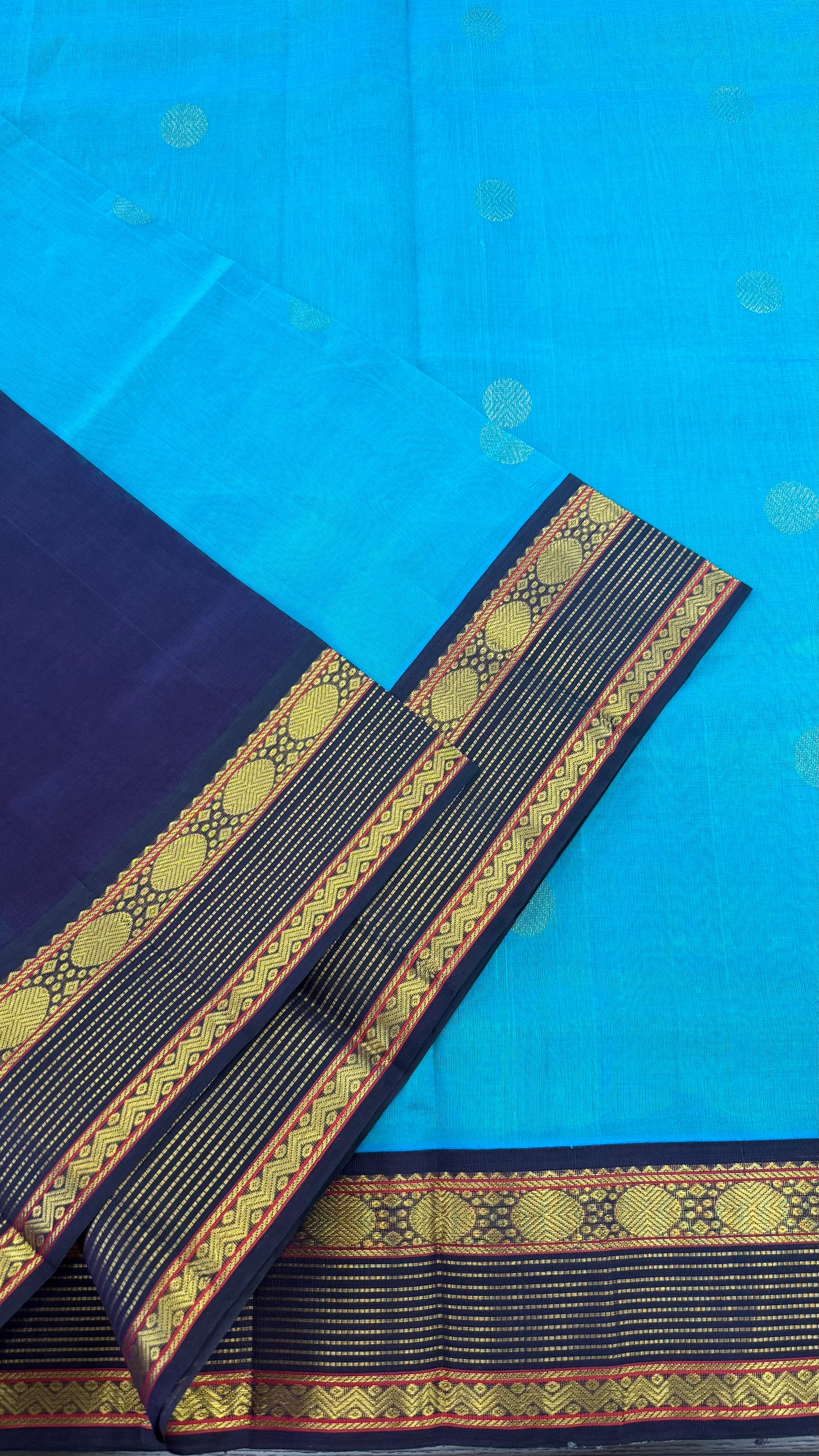 TURQUIOSE BLUE WITH CONTRAST BLACK HANDLOOM KANCHIPURAM SILK COTTON (KSC18)