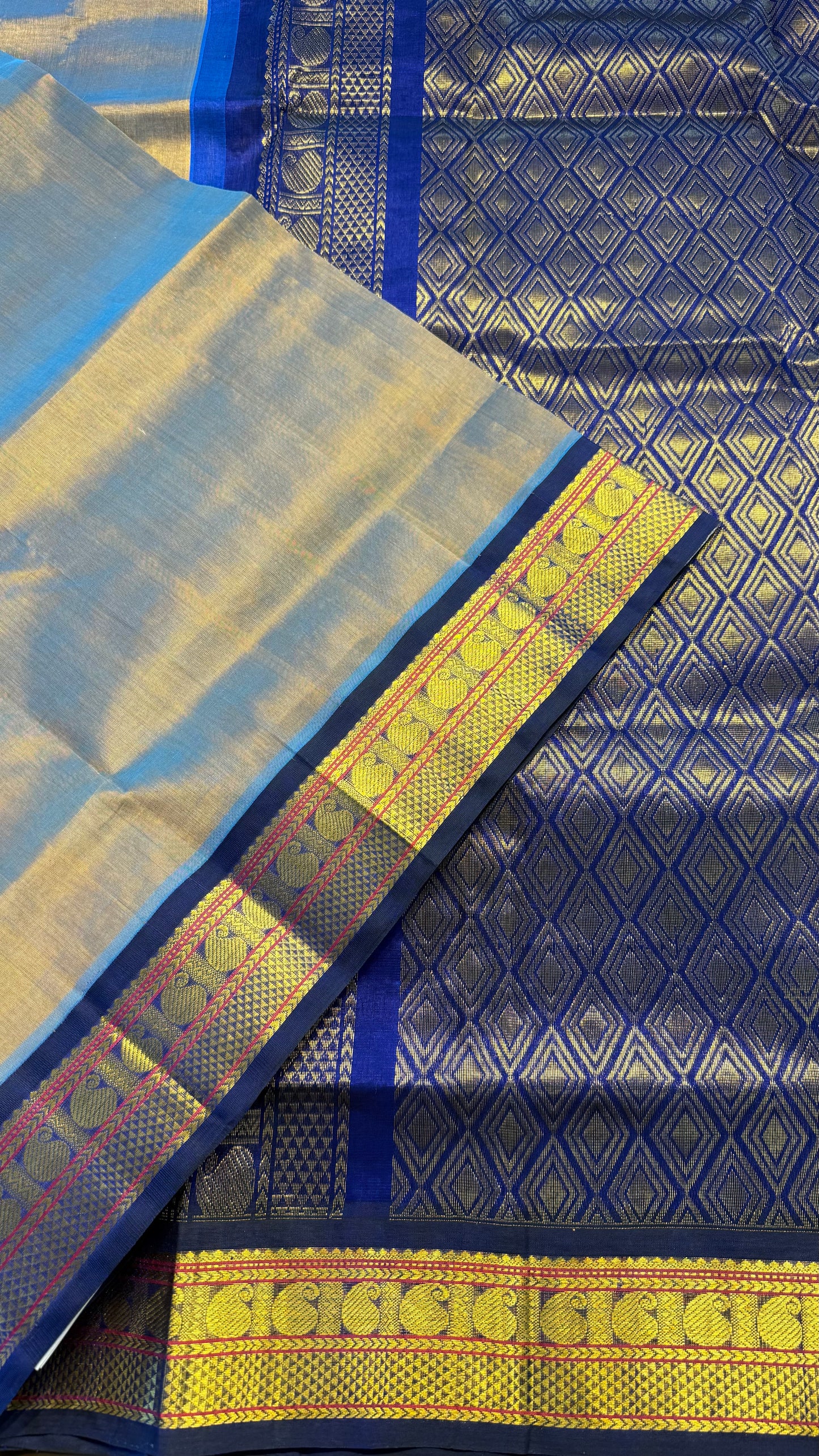 BLUE GOLD WITH ROYAL BLUE HANDLOOM KANCHIPURAM SILK COTTON (KSC112)