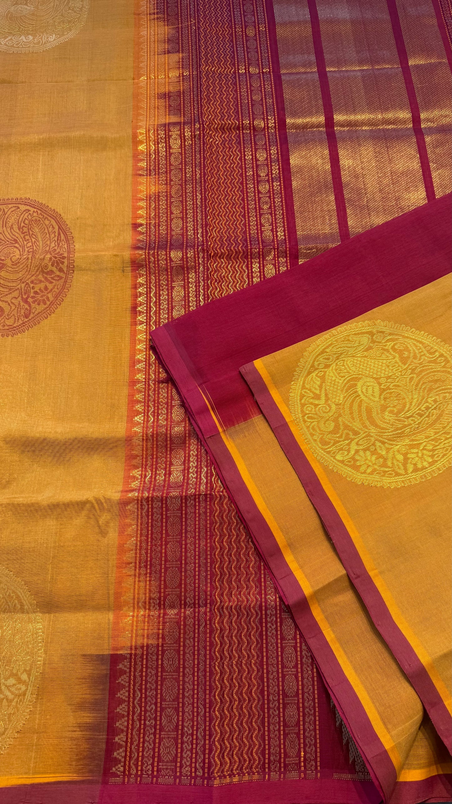 SAFFRON WITH MAROON HANDLOOM KANCHIPURAM SILK COTTON (KSC59)