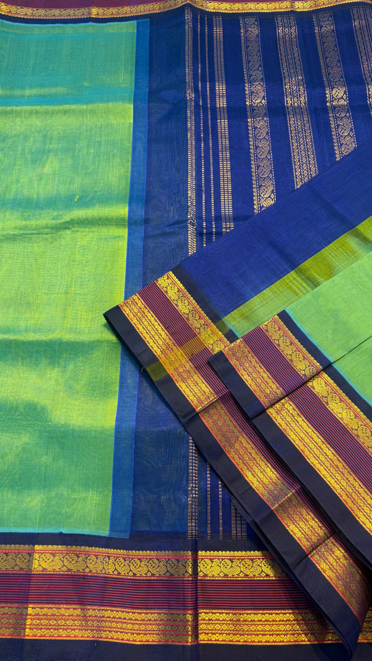 PEACOCK GREEN WITH BLUE HANDLOOM KANCHIPURAM SILK COTTON (KSC67)