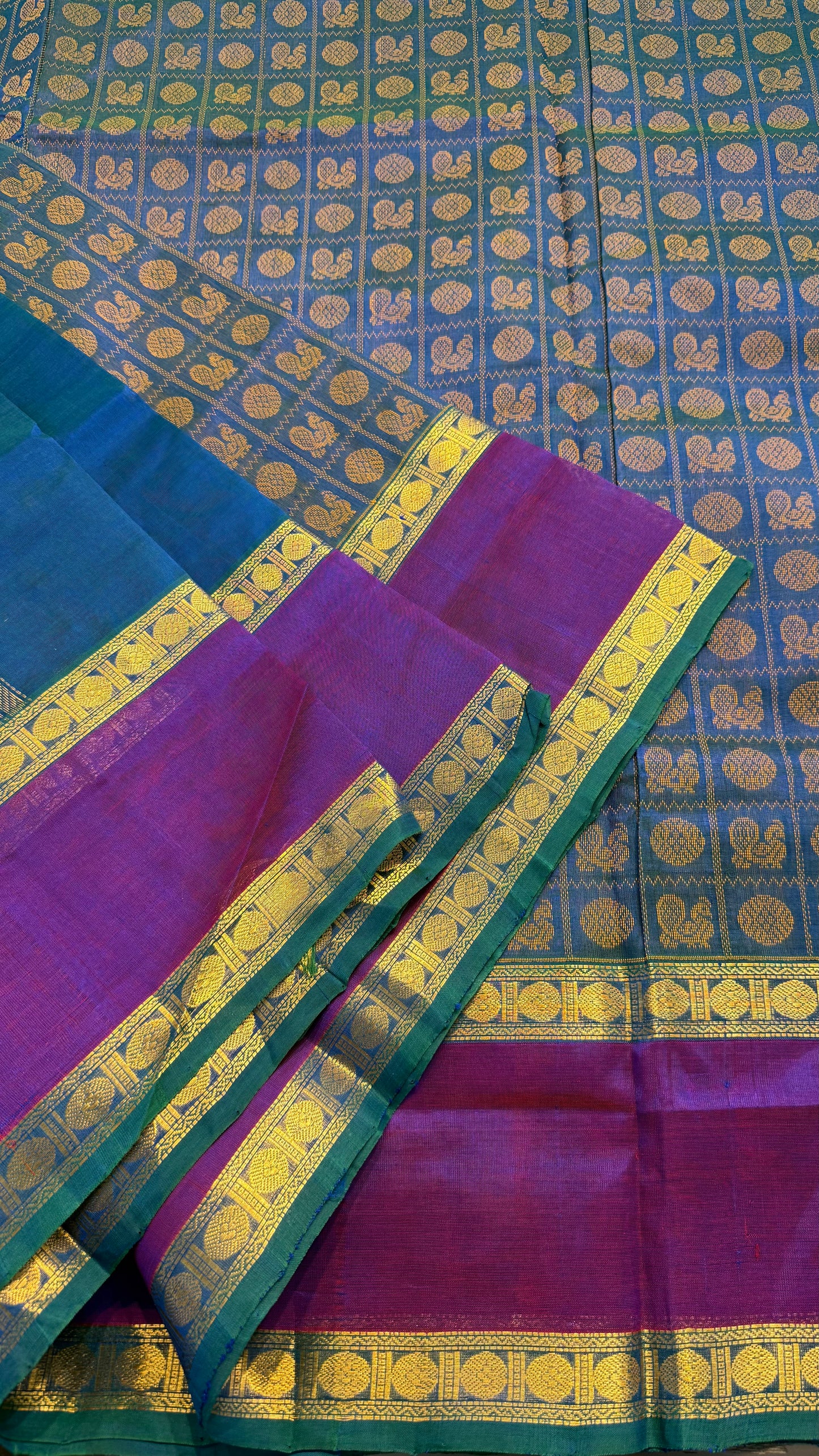 PEACOCK BLUE WITH PURPLE KATTAM HANDLOOM KANCHIPURAM SILK COTTON (KSC138)