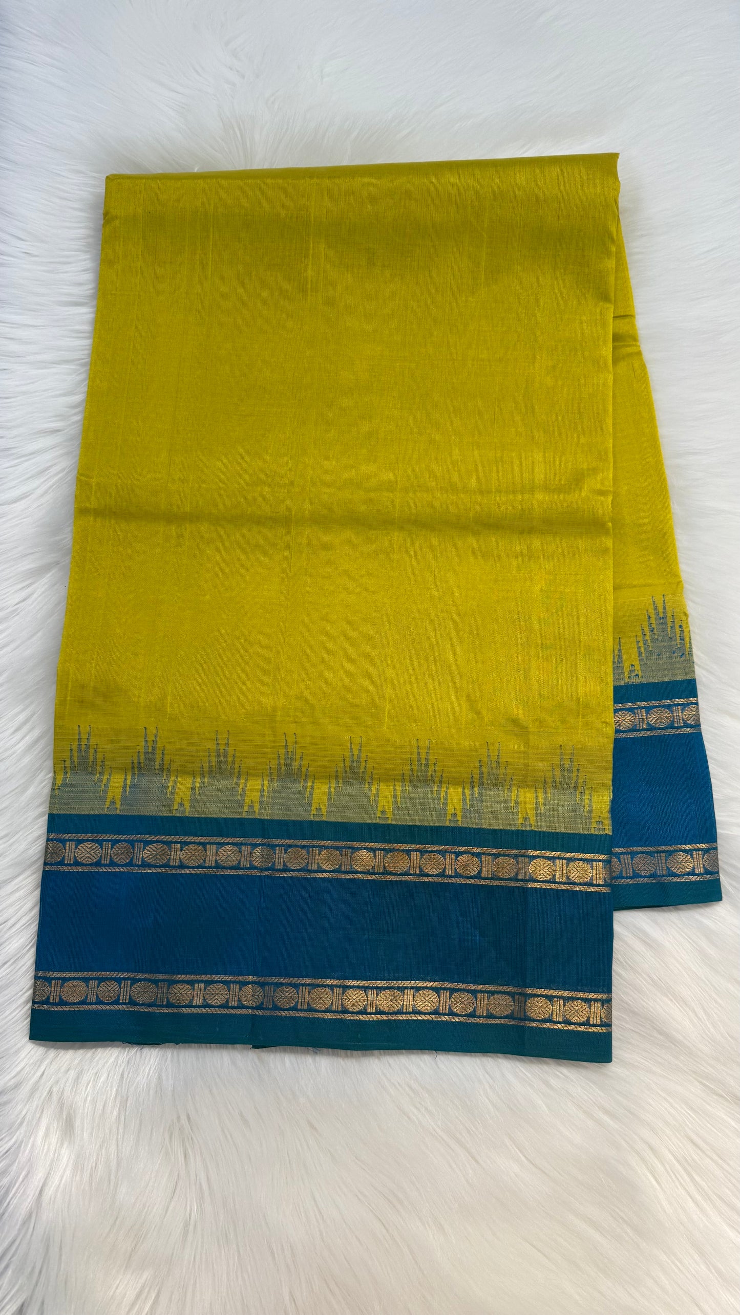 LEMON YELLOW WITH TURQUIOSE BLUE TRADITIONAL RETTAI PETTA BORDER HANDLOOM KANCHIPURAM SILK COTTON (KSC41)