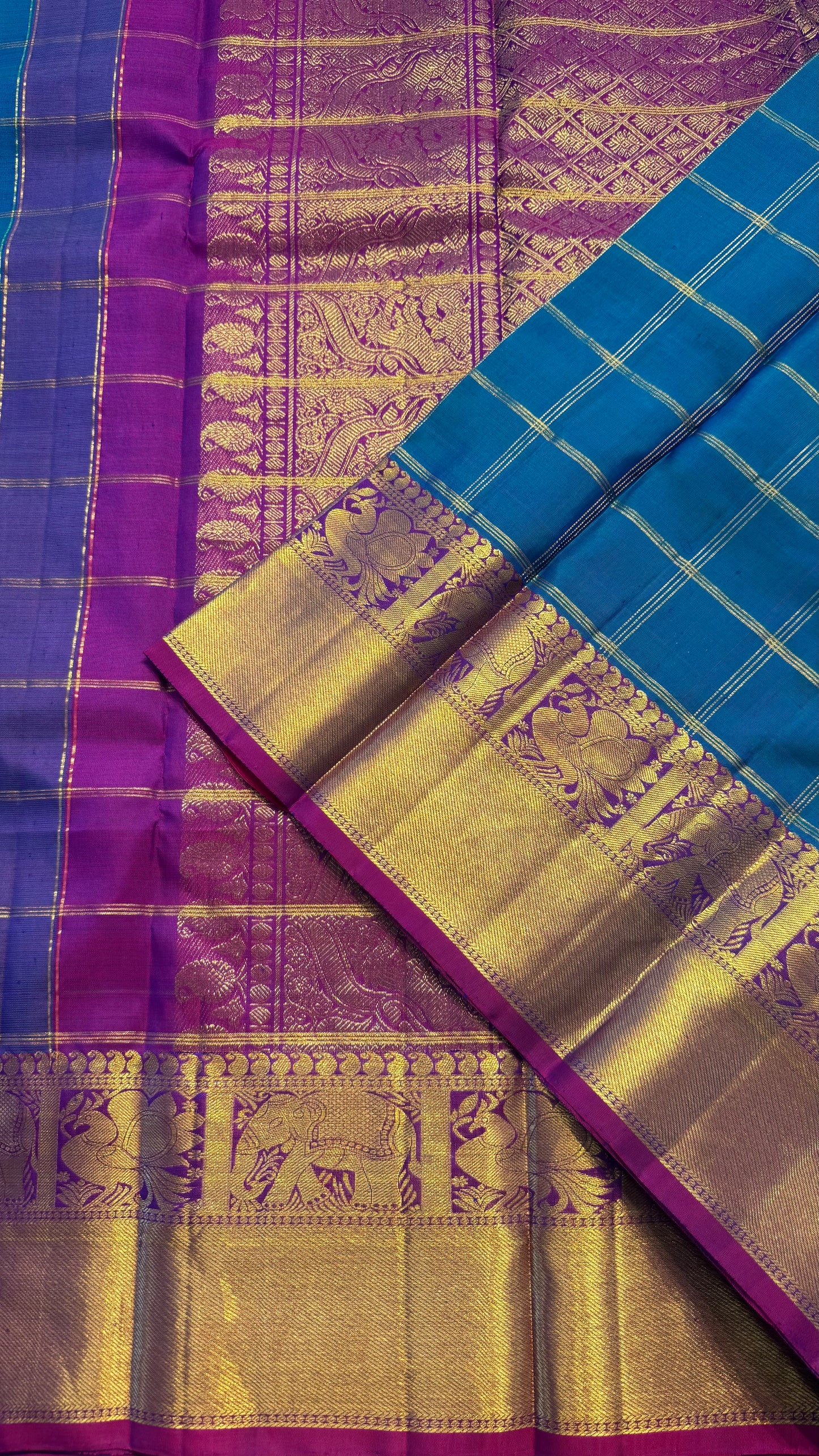 PEACOCK BLUE CHECKED WITH PURPLE GOLD ZARI HANDLOOM KANCHIPURAM SILK SAREE (KSS416)