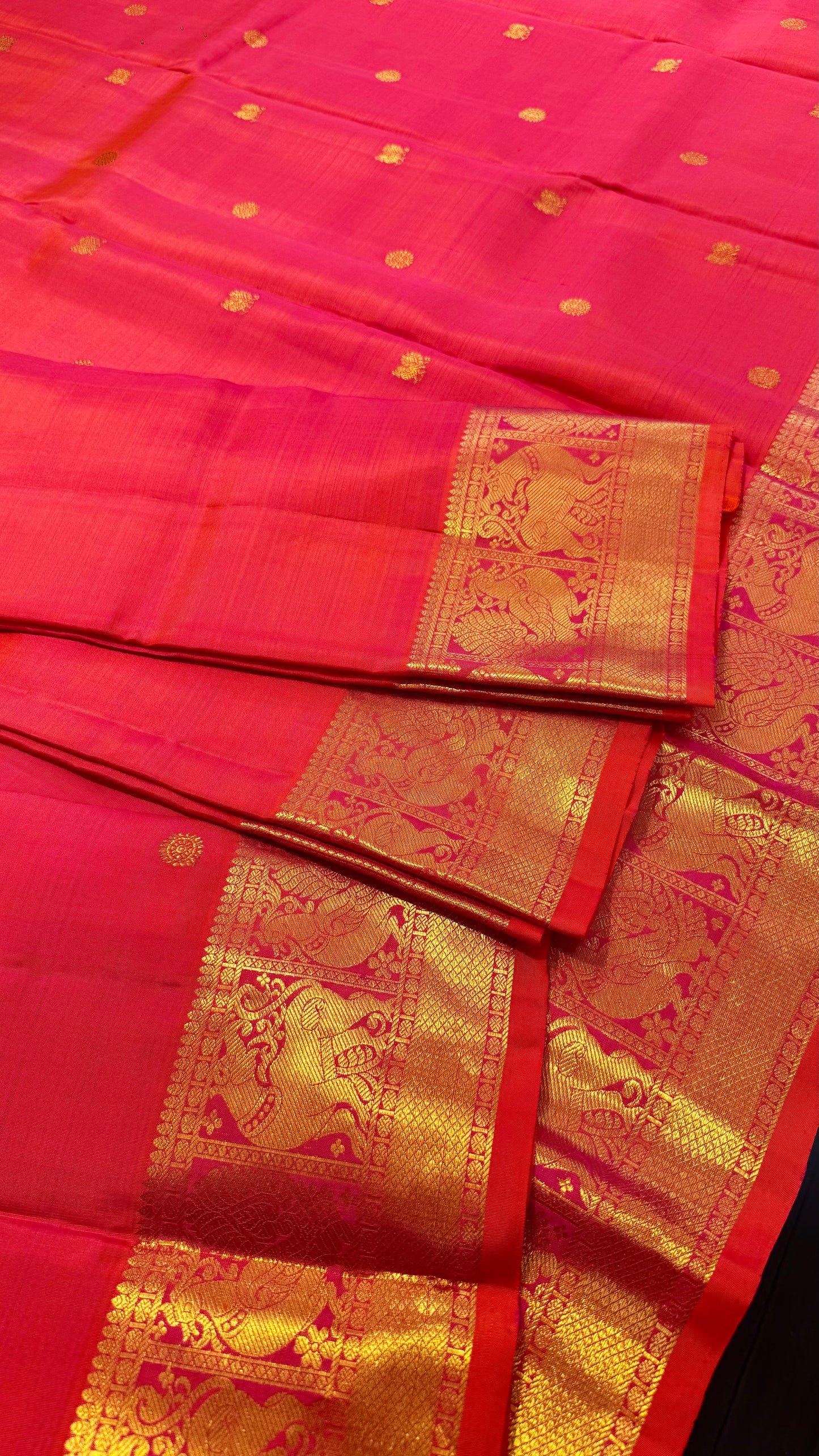 DUAL TONE RANI PINK & KANAKAMBARAM ORANGE PURE KANICHIPURAM HANDLOOM SILK SAREE (KSS04)