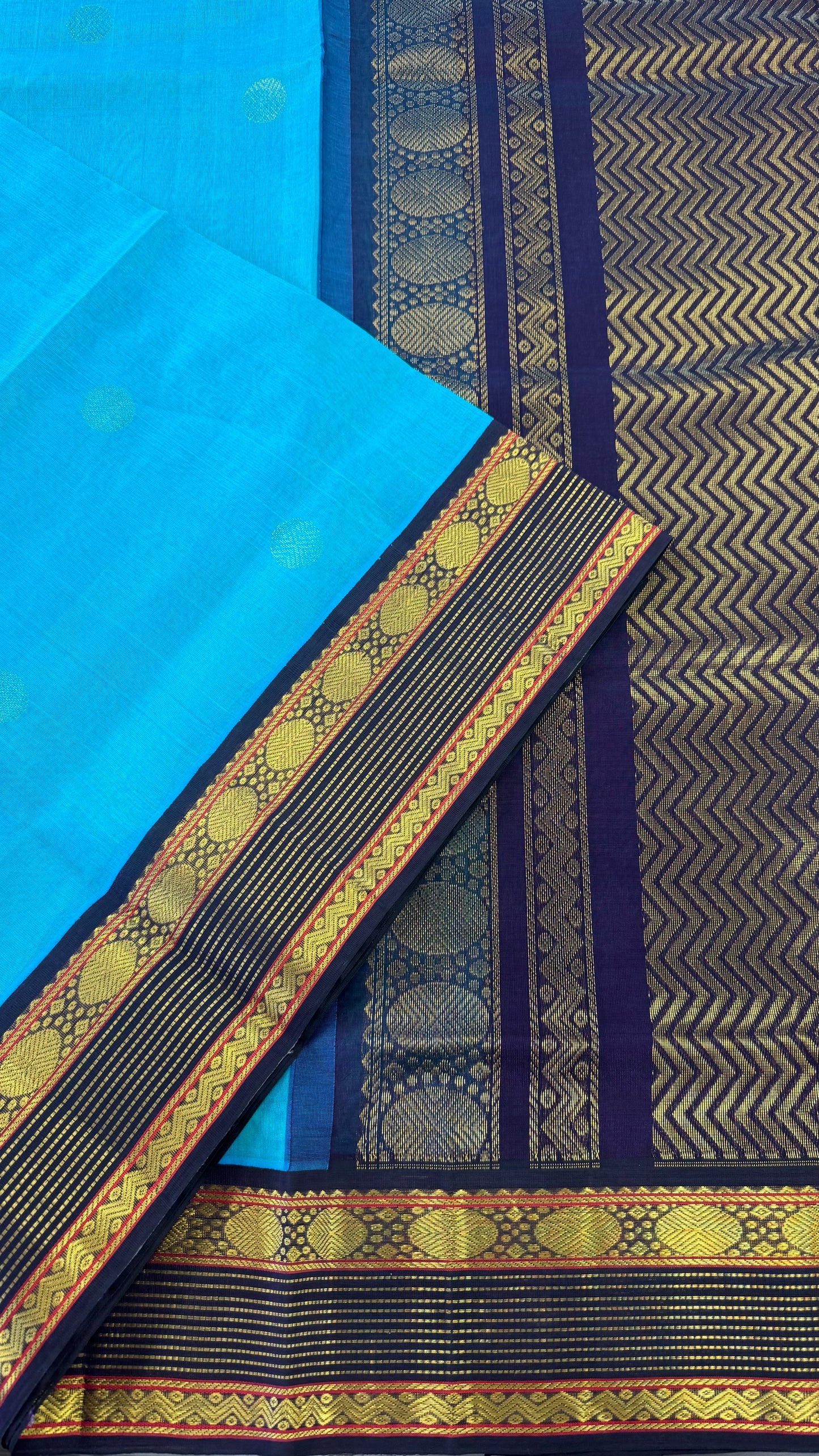 TURQUIOSE BLUE WITH CONTRAST BLACK HANDLOOM KANCHIPURAM SILK COTTON (KSC18)