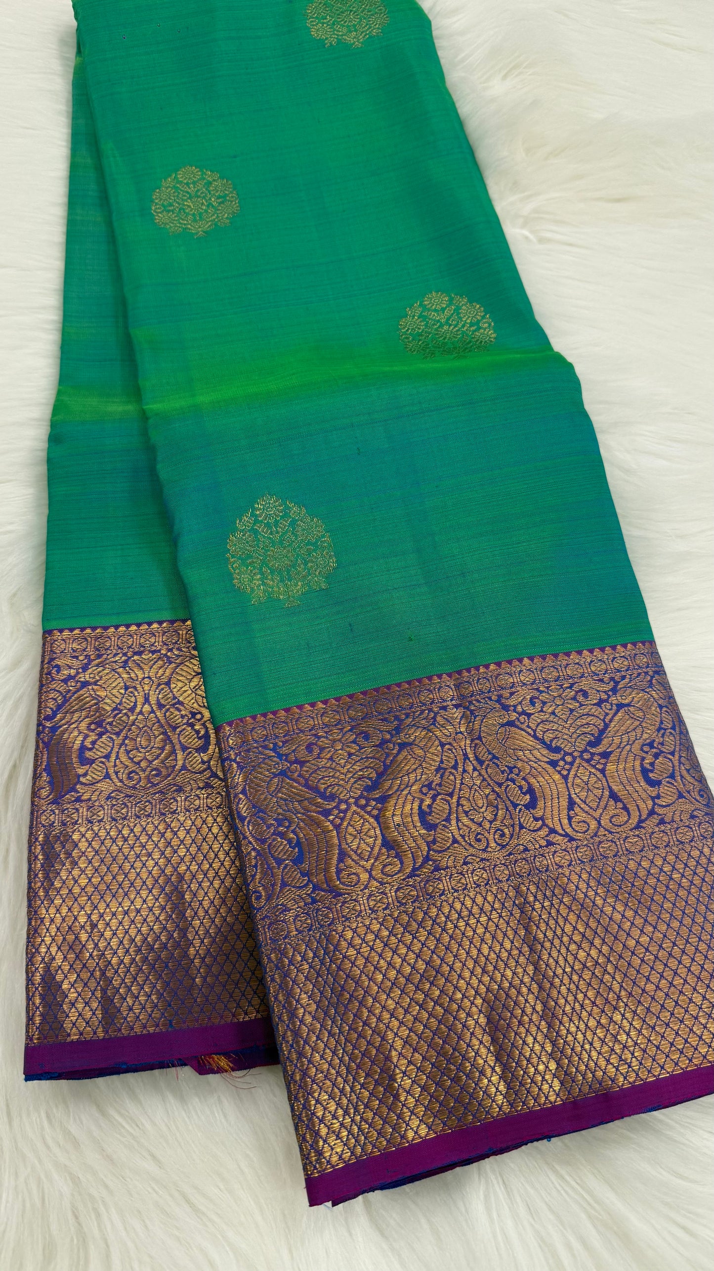 DUAL TONE PEACOCK BLUE & PURPLE HANDLOOM PURE KANICHIPURAM SILK SAREE (KSS87)