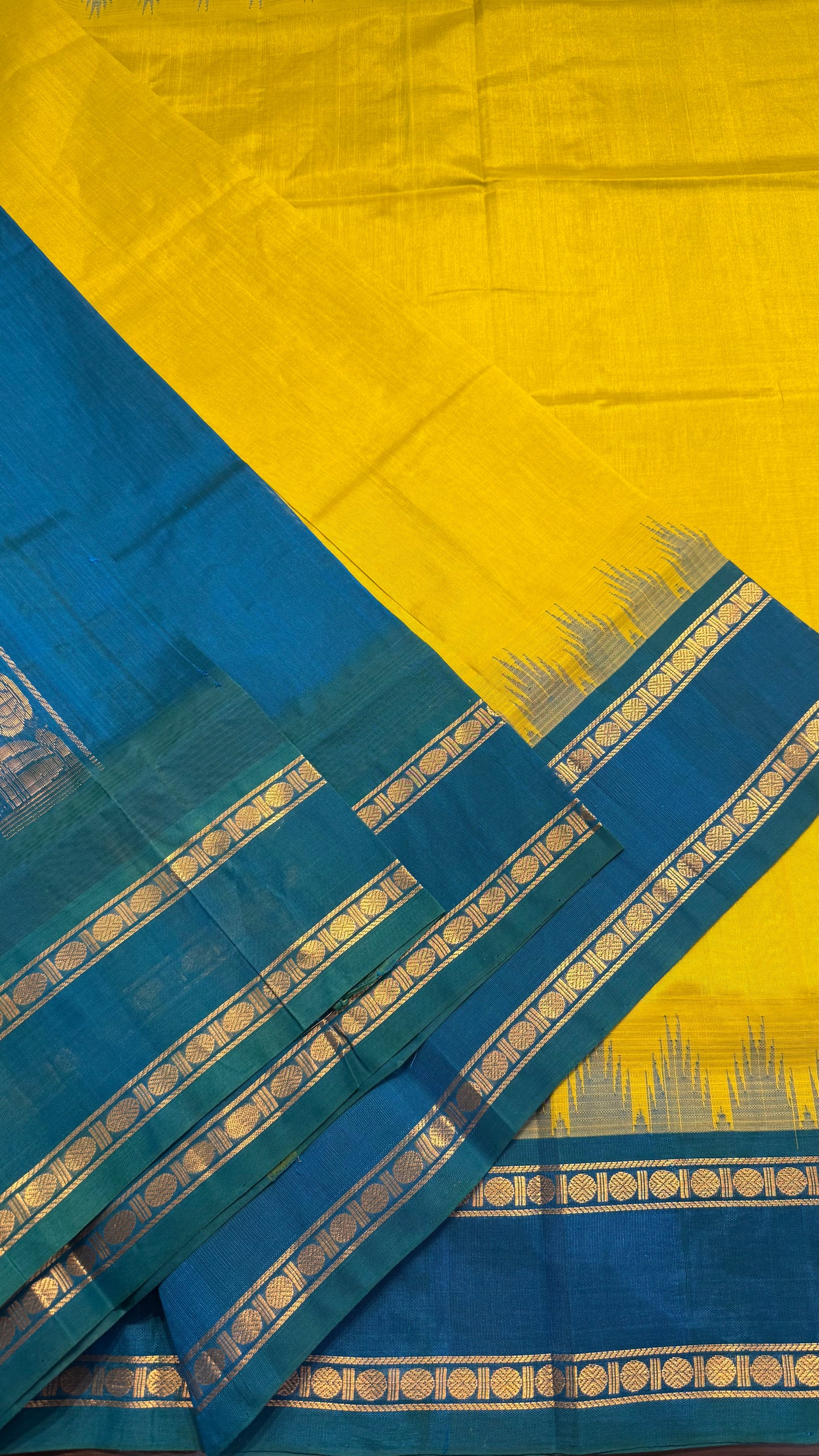 LEMON YELLOW WITH TURQUIOSE BLUE TRADITIONAL RETTAI PETTA BORDER HANDLOOM KANCHIPURAM SILK COTTON (KSC41)