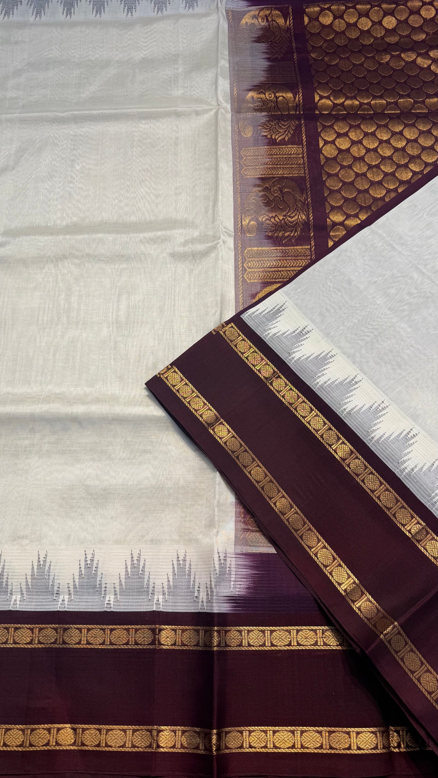 CREAM WITH MAROON TRADITIONAL RETTAI PETTA BORDER HANDLOOM KANCHIPURAM SILK COTTON (KSC43)