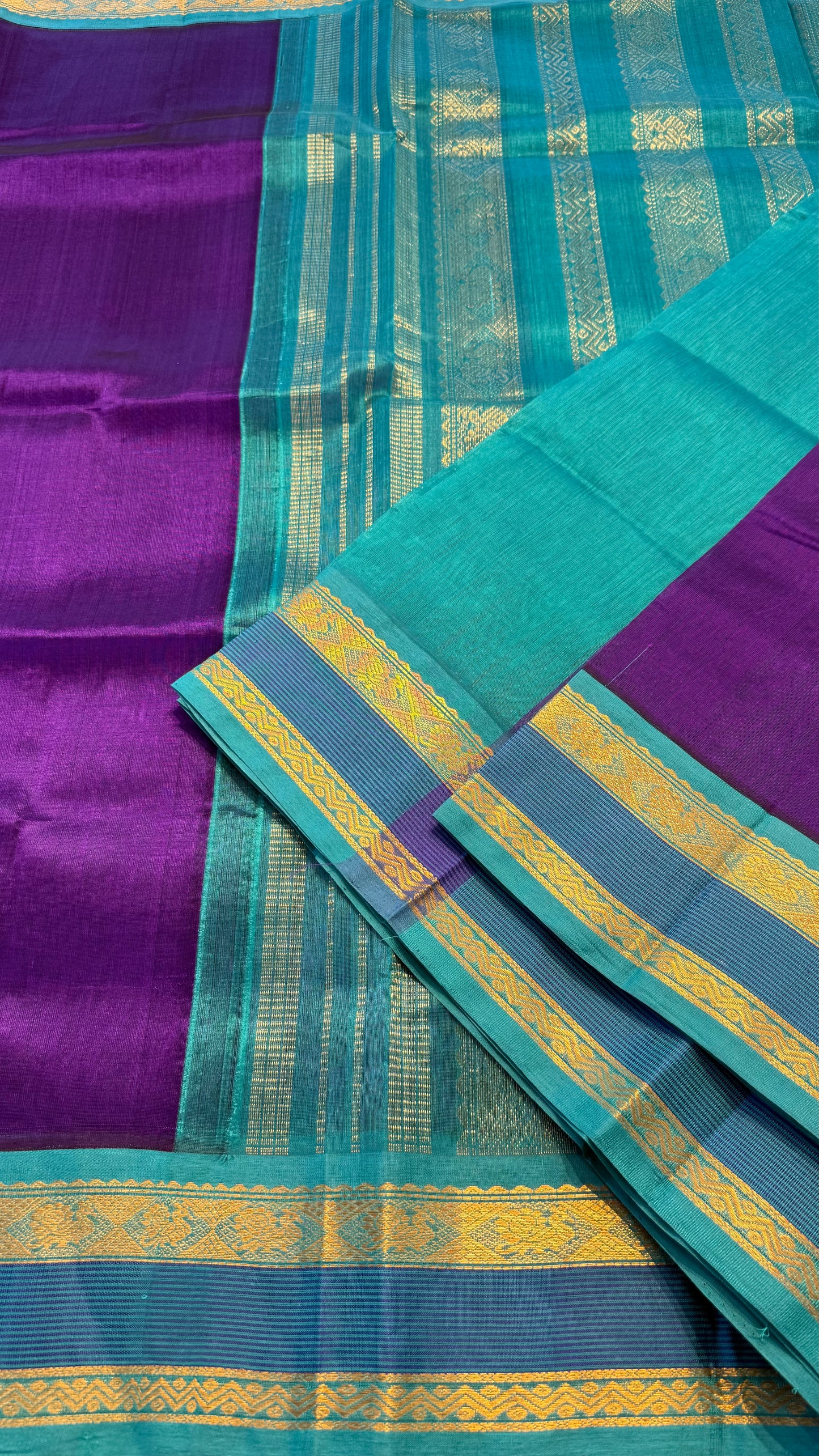 PURPLE WITH DUAL TURQUOISE HANDLOOM KANCHIPURAM SILK COTTON (KSC69)