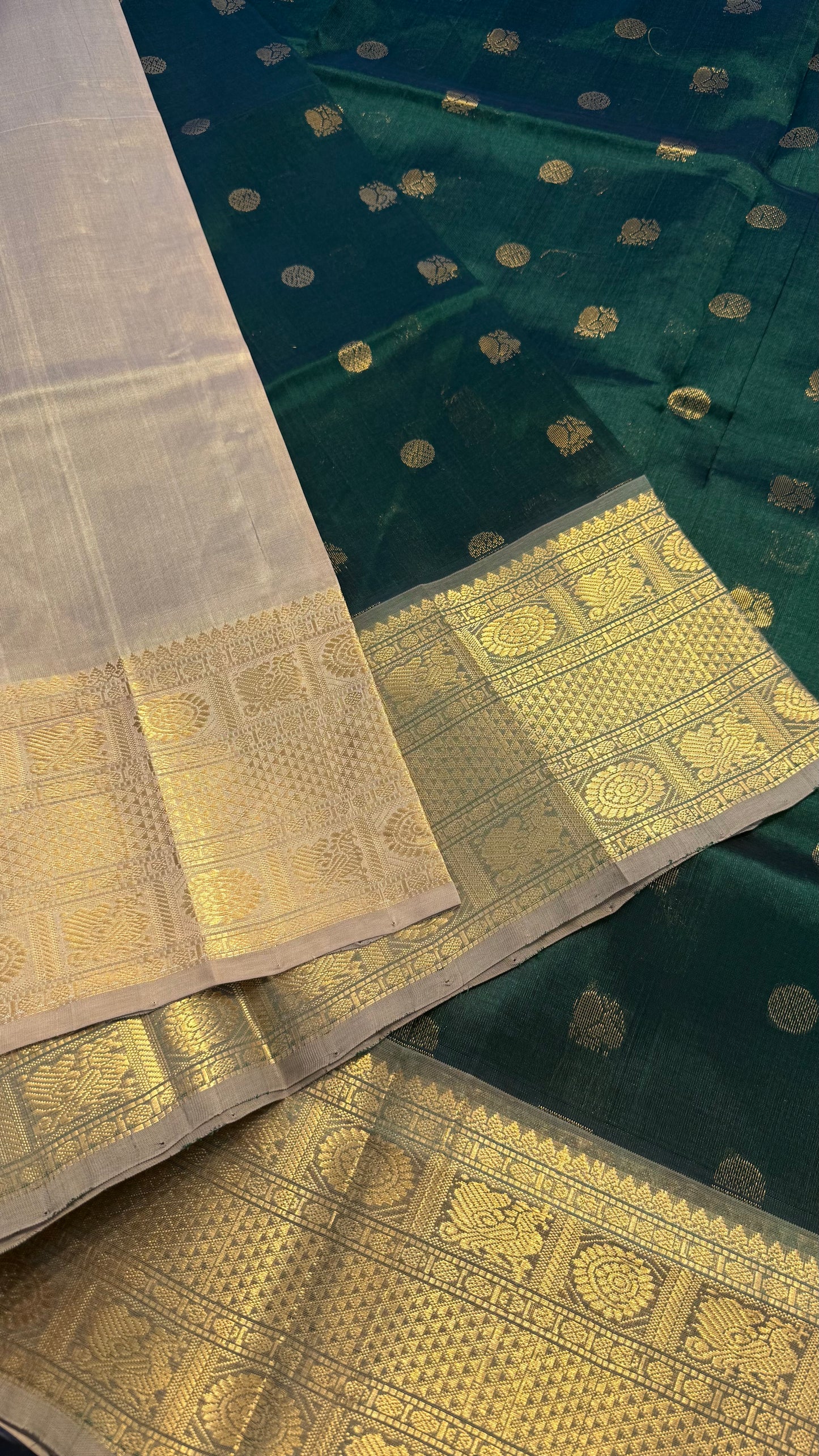 DARK TEAL GREEN WITH CONTRAST BEIGE KANCHIPURAM SILK COTTON (KSC04)