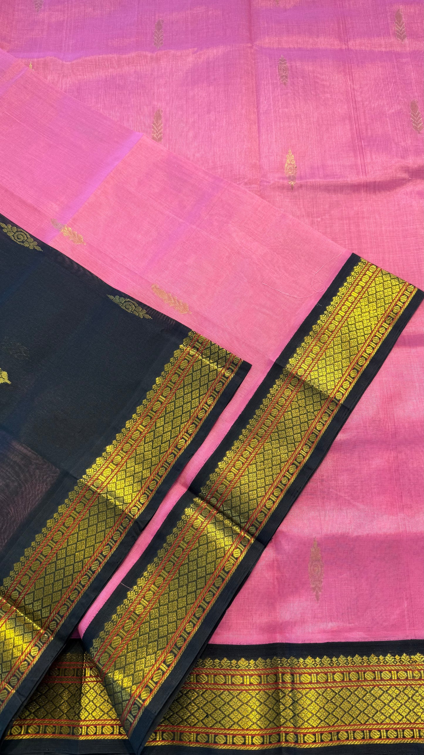 PINK WITH CONTRAST BLACK KANCHIPURAM SILK COTTON SAREE (KSC09)