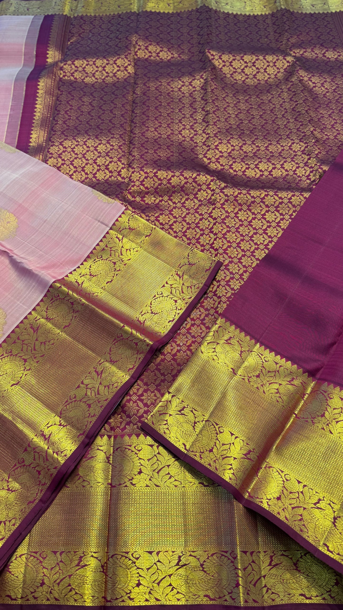 PASTEL PINK WITH CONTRAST VADAMLLAI PURPLE GOLD ZARI HANDLOOM KANICHIPURAM SILK SAREE (KSS236)