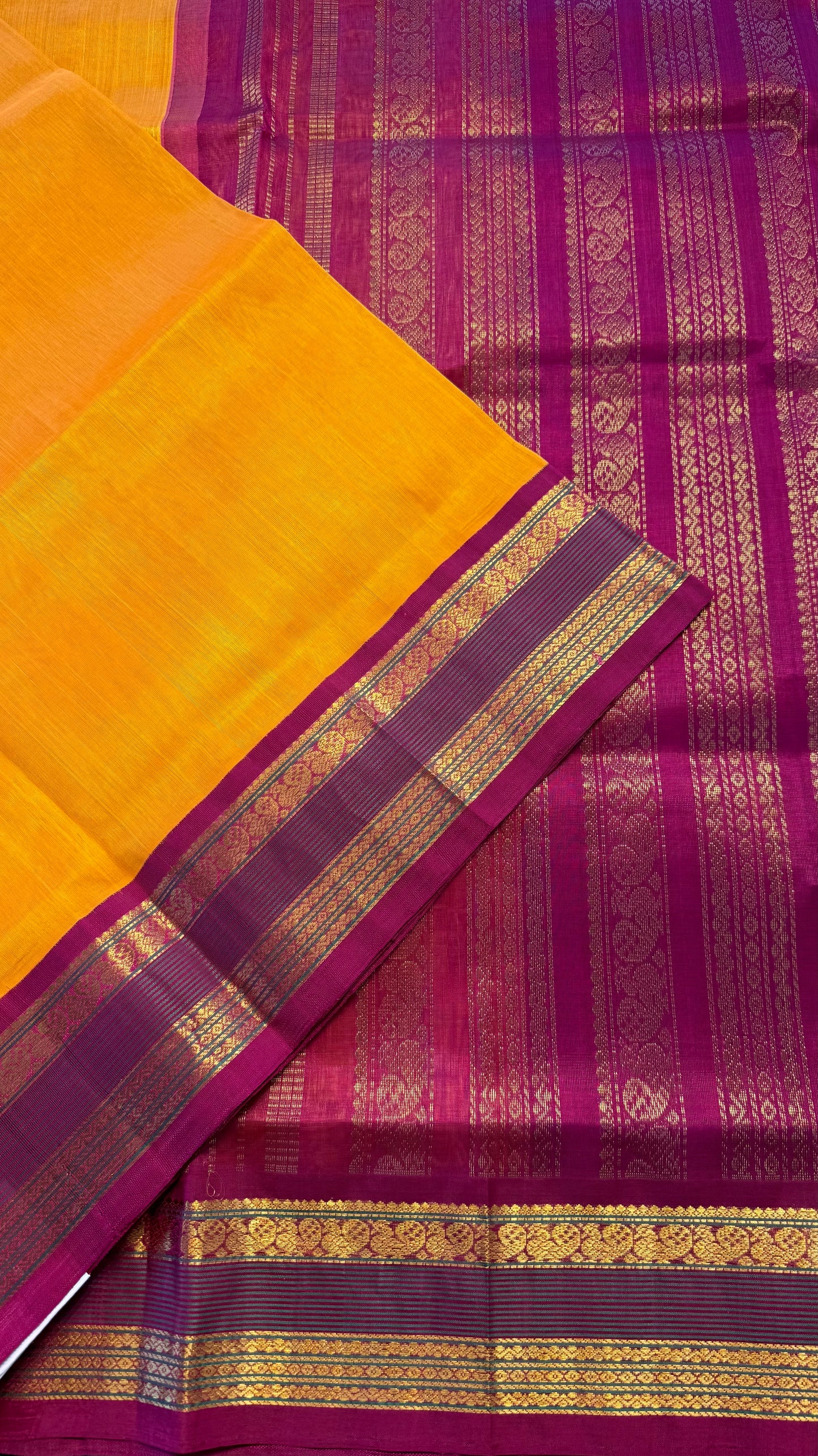 MUSTARD YELLOW WITH MAROON HANDLOOM KANCHIPURAM SILK COTTON (KSC107)