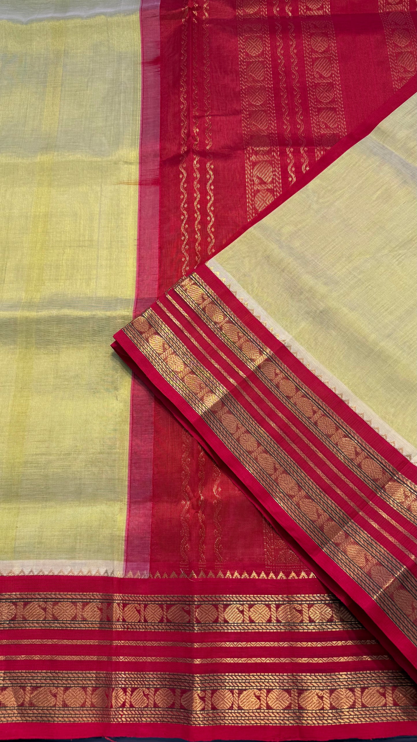 LIGHT LEMON YELLOW WITH CONTRAST RED KANCHIPURAM SILK COTTON (KSC20)