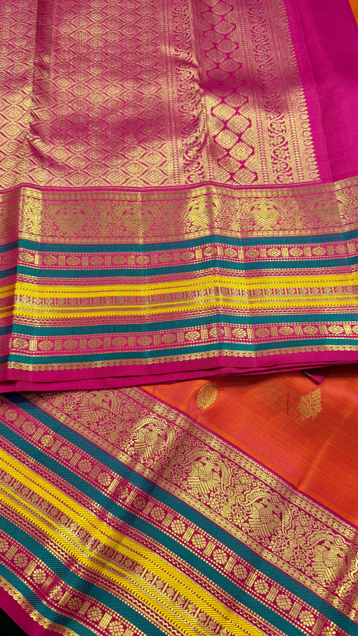 KANAKAMBARAM PINK WITH CONTRAST RANI PINK, TEAL BLUE AND YELLOW BORDER HANDLOOM KANICHIPURAM SILK SAREE (KSS30)