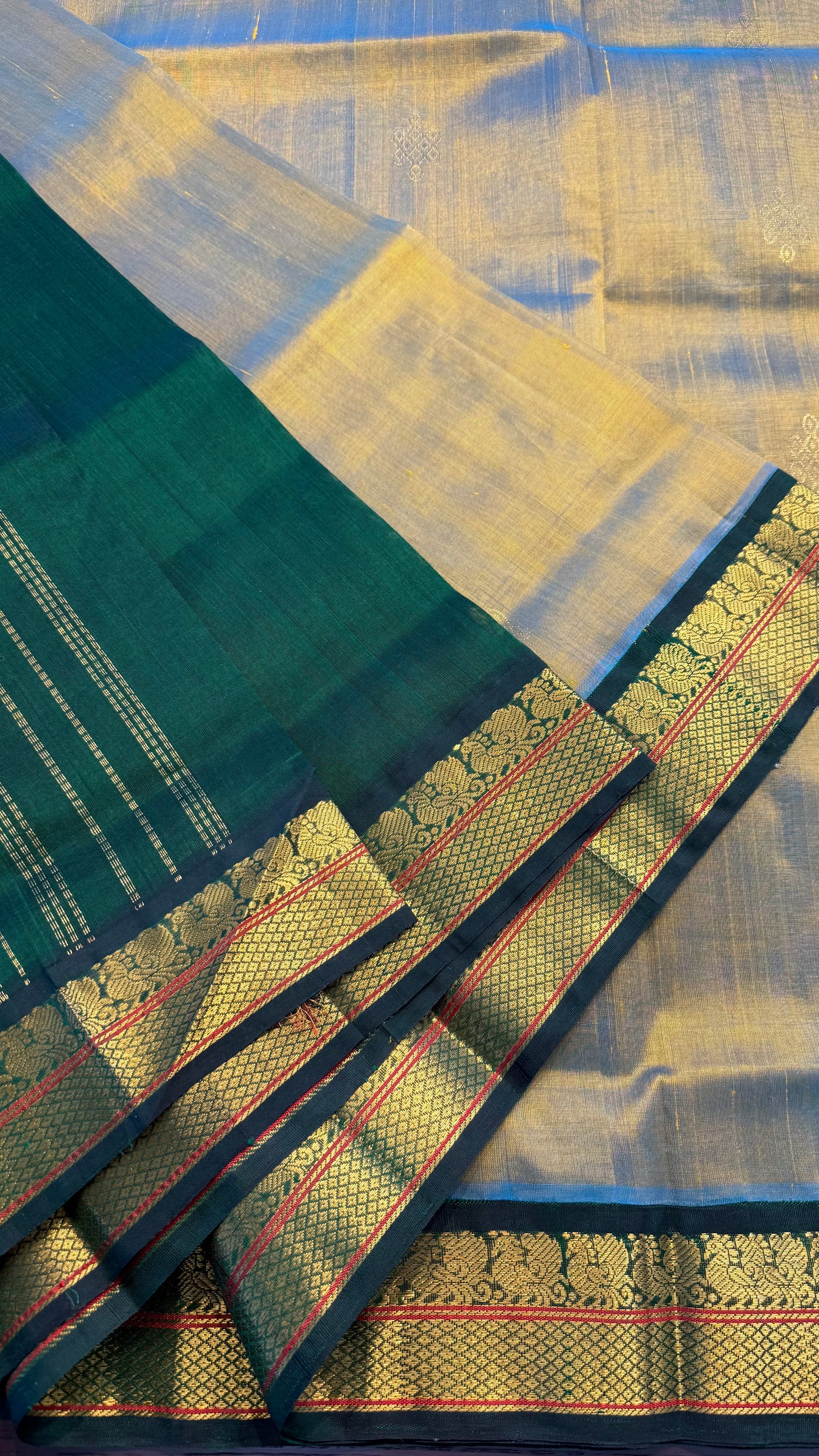 TURQUOISE GOLD WITH GREEN HANDLOOM KANCHIPURAM SILK COTTON (KSC114)