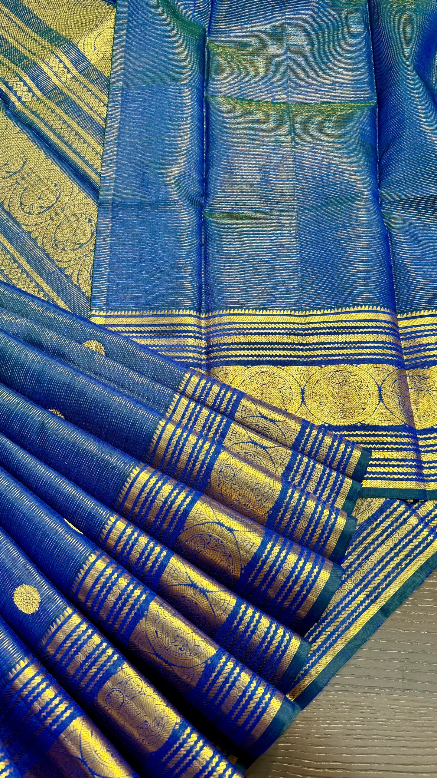 VAIRA OOSI PEACOCK BLUE ELEPHANT BORDER HANDLOOM KANICHIPURAM SILK SAREE (KSS27)