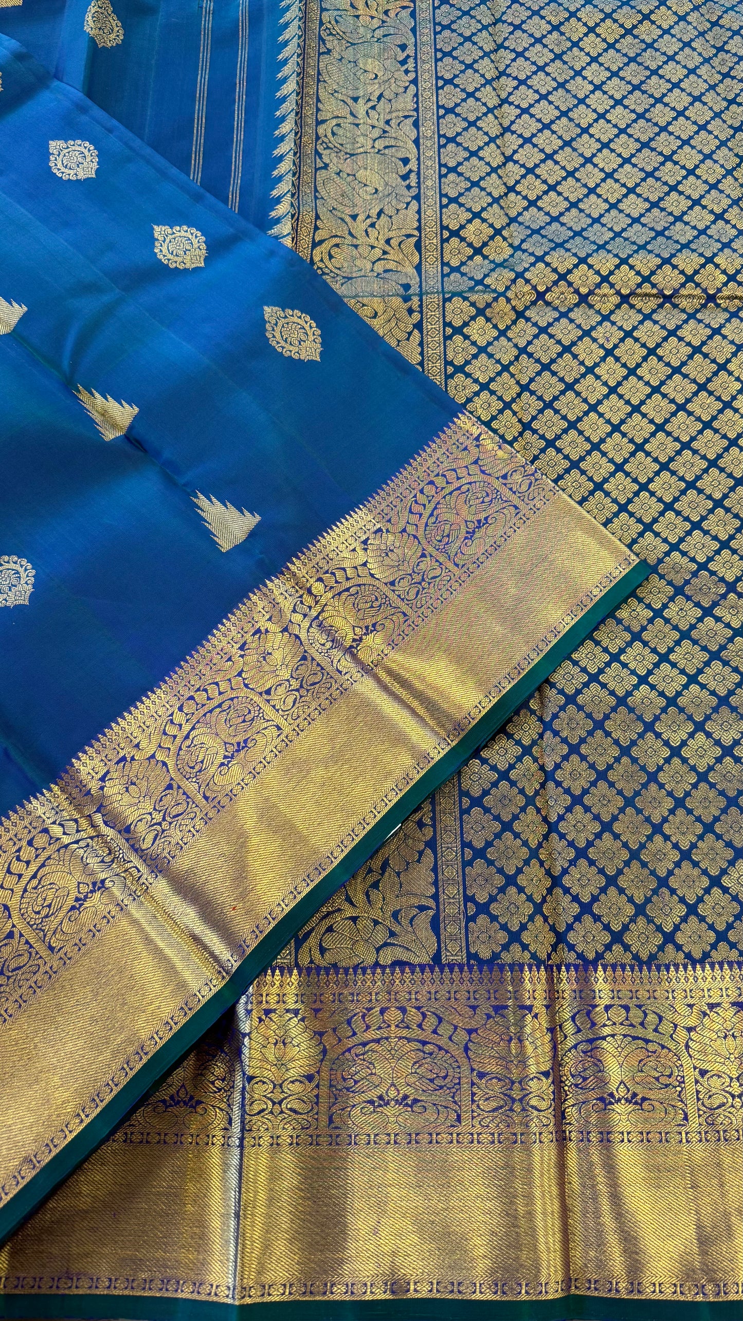 PEACOCK BLUE GOLD ZARI HANDLOOM KANICHIPURAM SILK SAREE (KSS95)