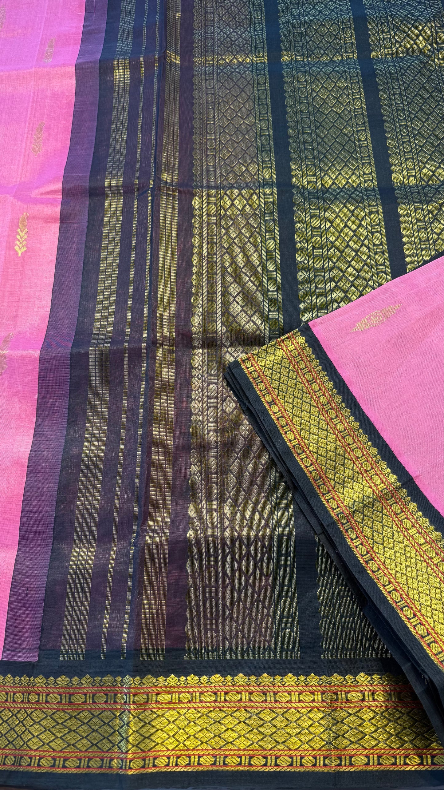 PINK WITH CONTRAST BLACK KANCHIPURAM SILK COTTON SAREE (KSC09)
