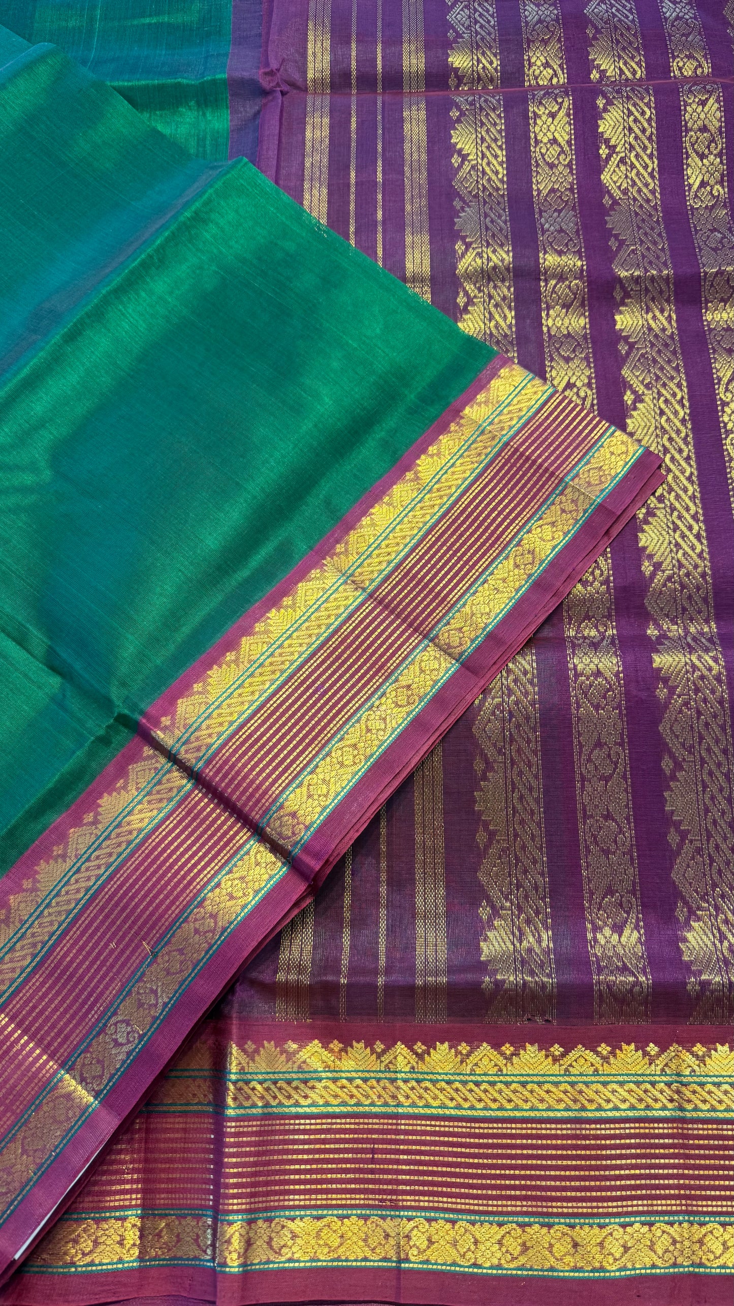 BOTTLE GREEN WITH CONTRAST MAGENTA KANCHIPURAM SILK COTTON (KSC130)