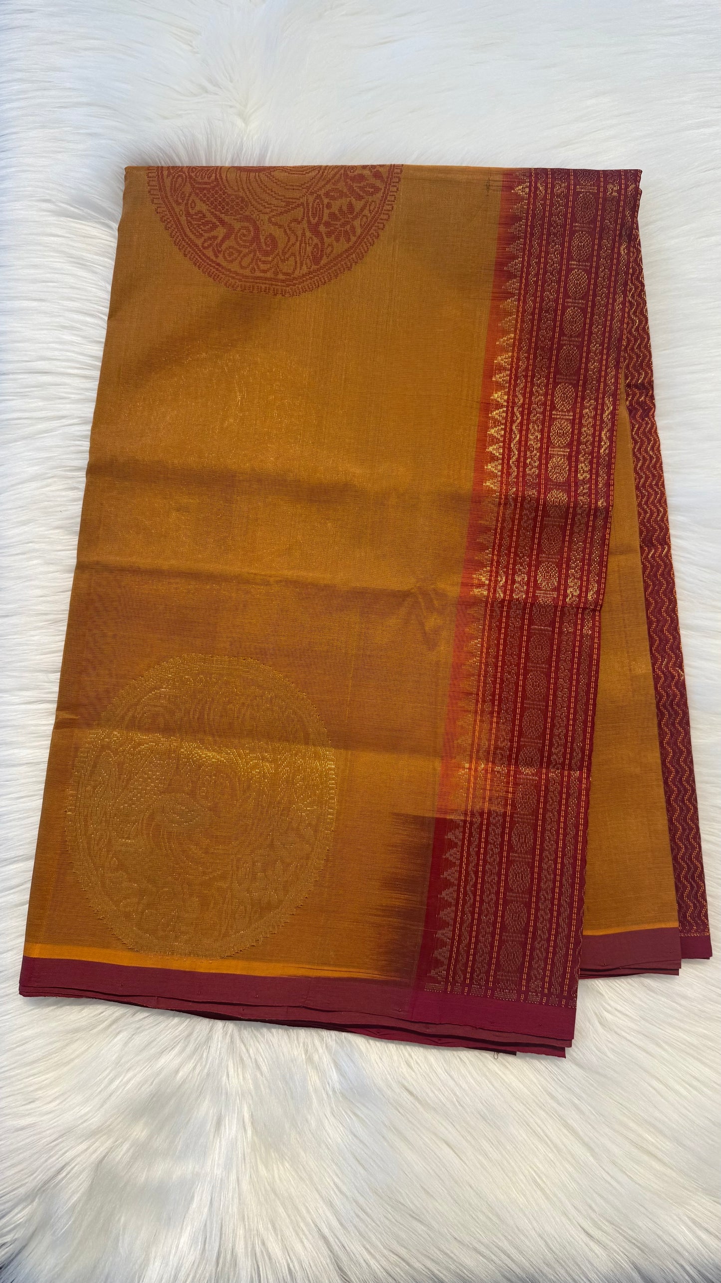 SAFFRON WITH MAROON HANDLOOM KANCHIPURAM SILK COTTON (KSC59)