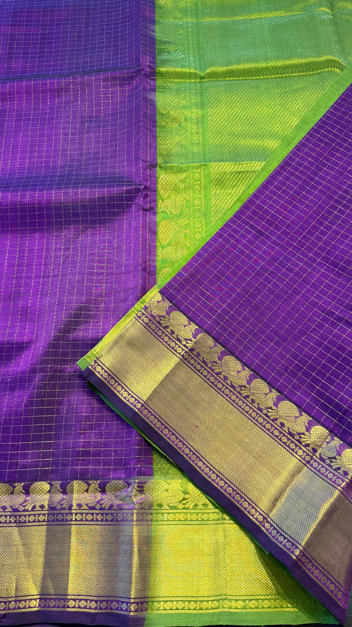 PURPLE WITH GREEN HANDLOOM KANCHIPURAM SILK COTTON