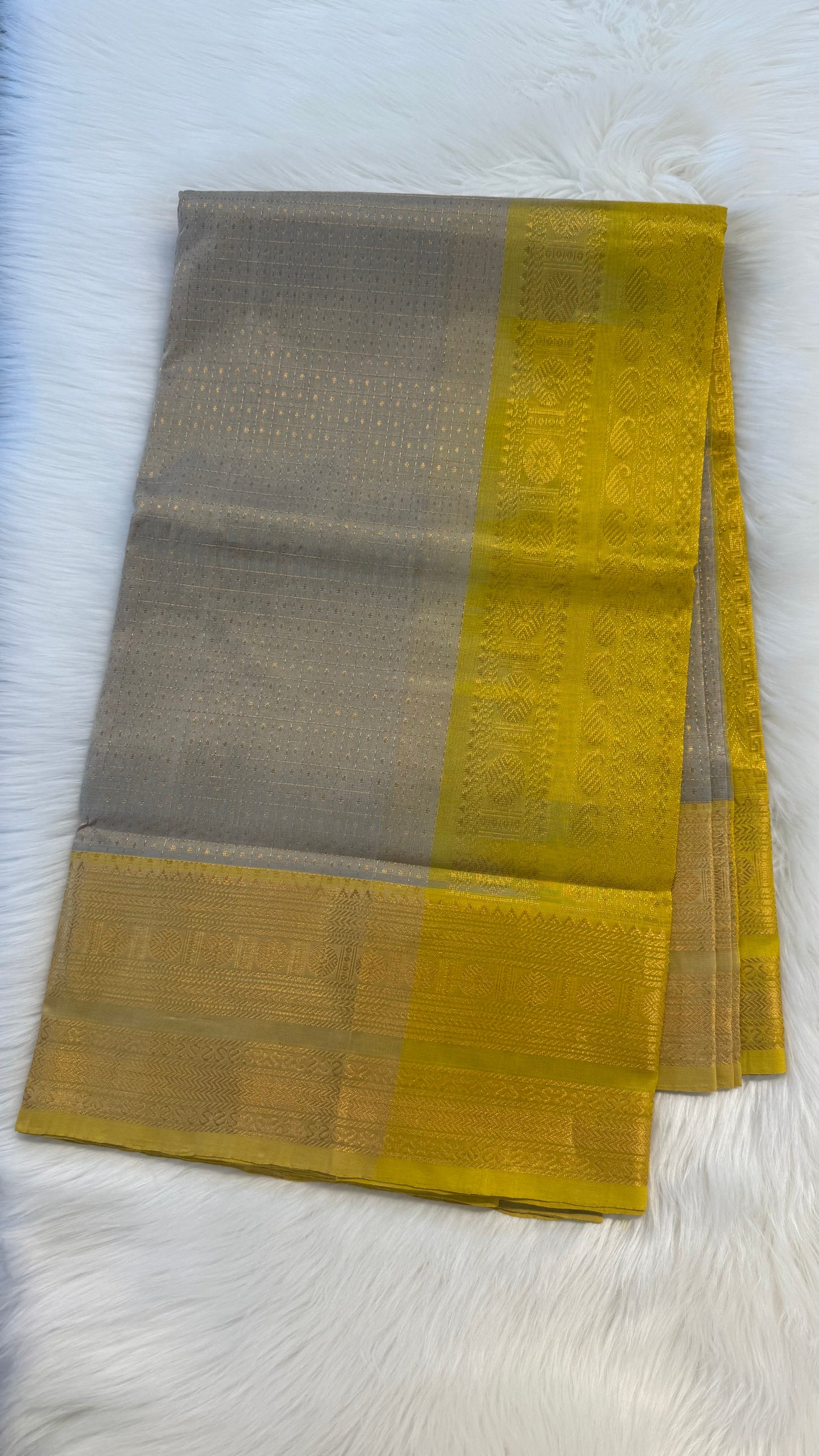 LAKSHA DEEPAM ASH GREY WITH YELLOW HANDLOOM KANCHIPURAM SILK COTTON (KSC56)