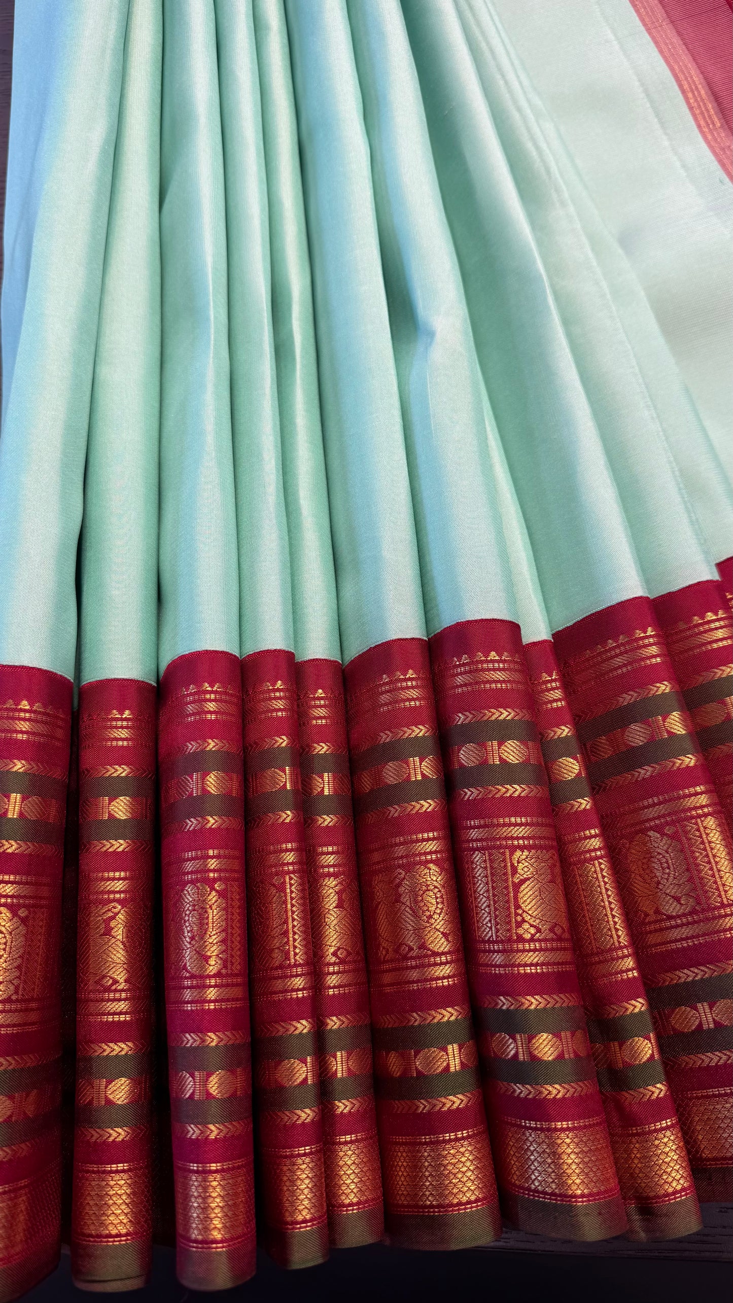 AQUA BLUE WITH CONTRAST MAROON GOLD ZARI HANDLOOM KANCHIPURAM SILK SAREE (KSS295)