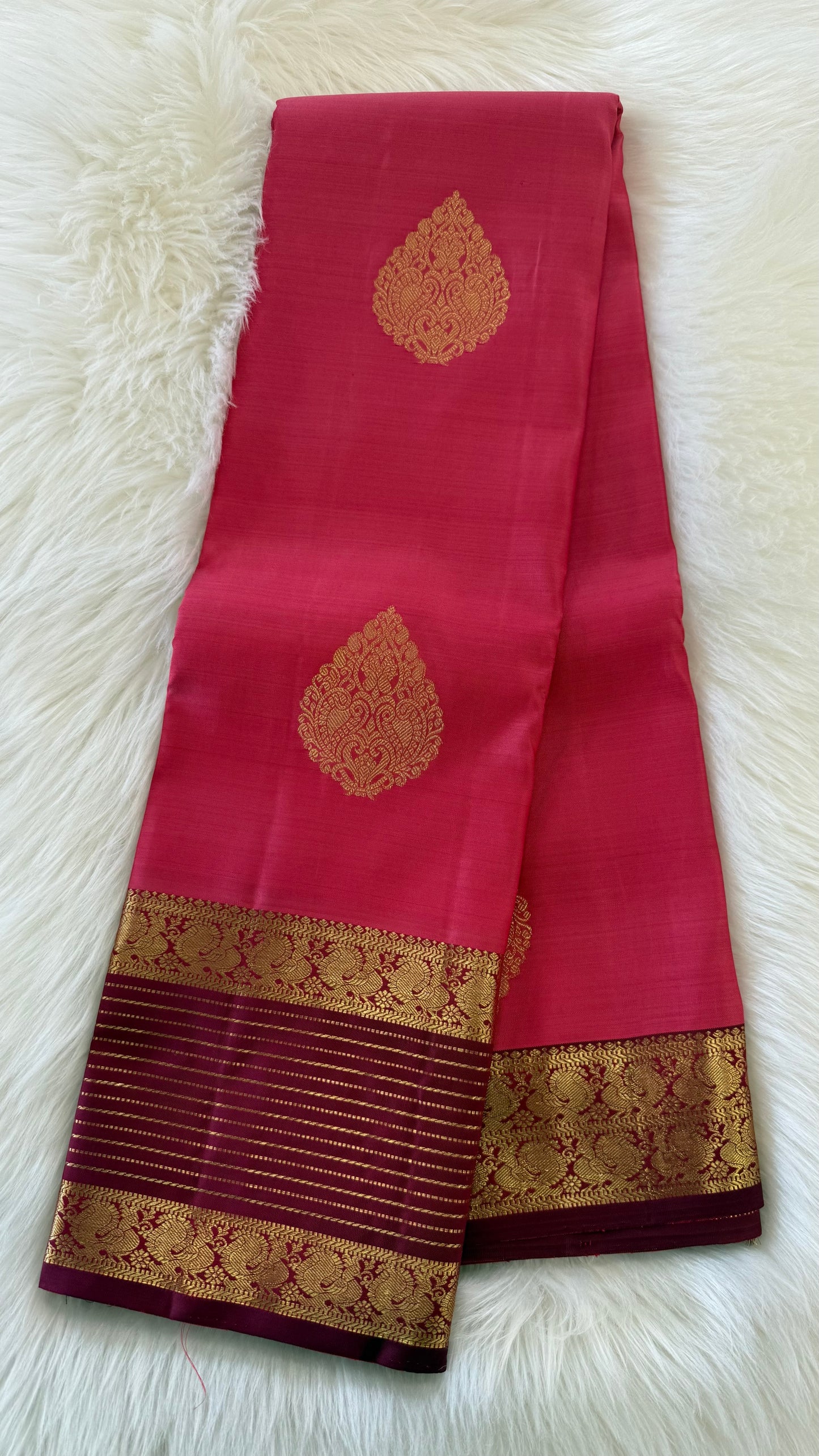 ROSE PINK WITH CONTRAST MAROON GOLD ZARI HANDLOOM KANICHIPURAM SILK SAREE (KSS158)