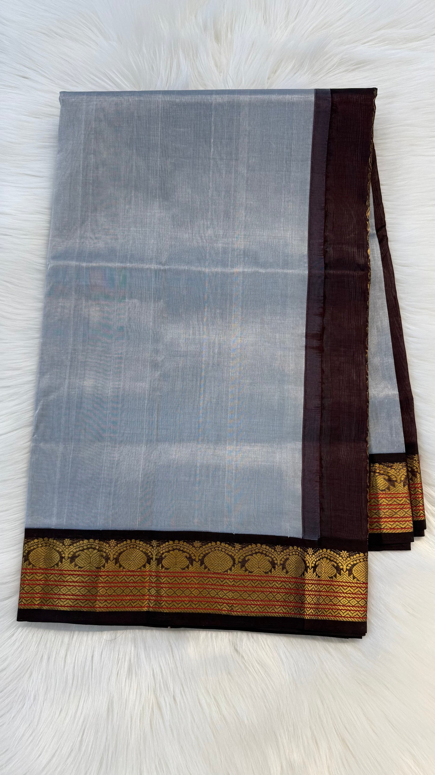 ASH GREY WITH CONTRAST DARK BROWN KANCHIPURAM SILK COTTON (KSC06)