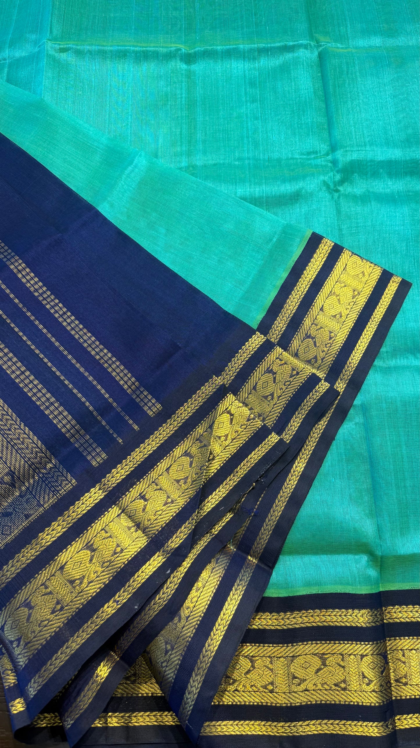 TEAL GREEN WITH DARK BLUE HANDLOOM KANCHIPURAM SILK COTTON (KSC126)