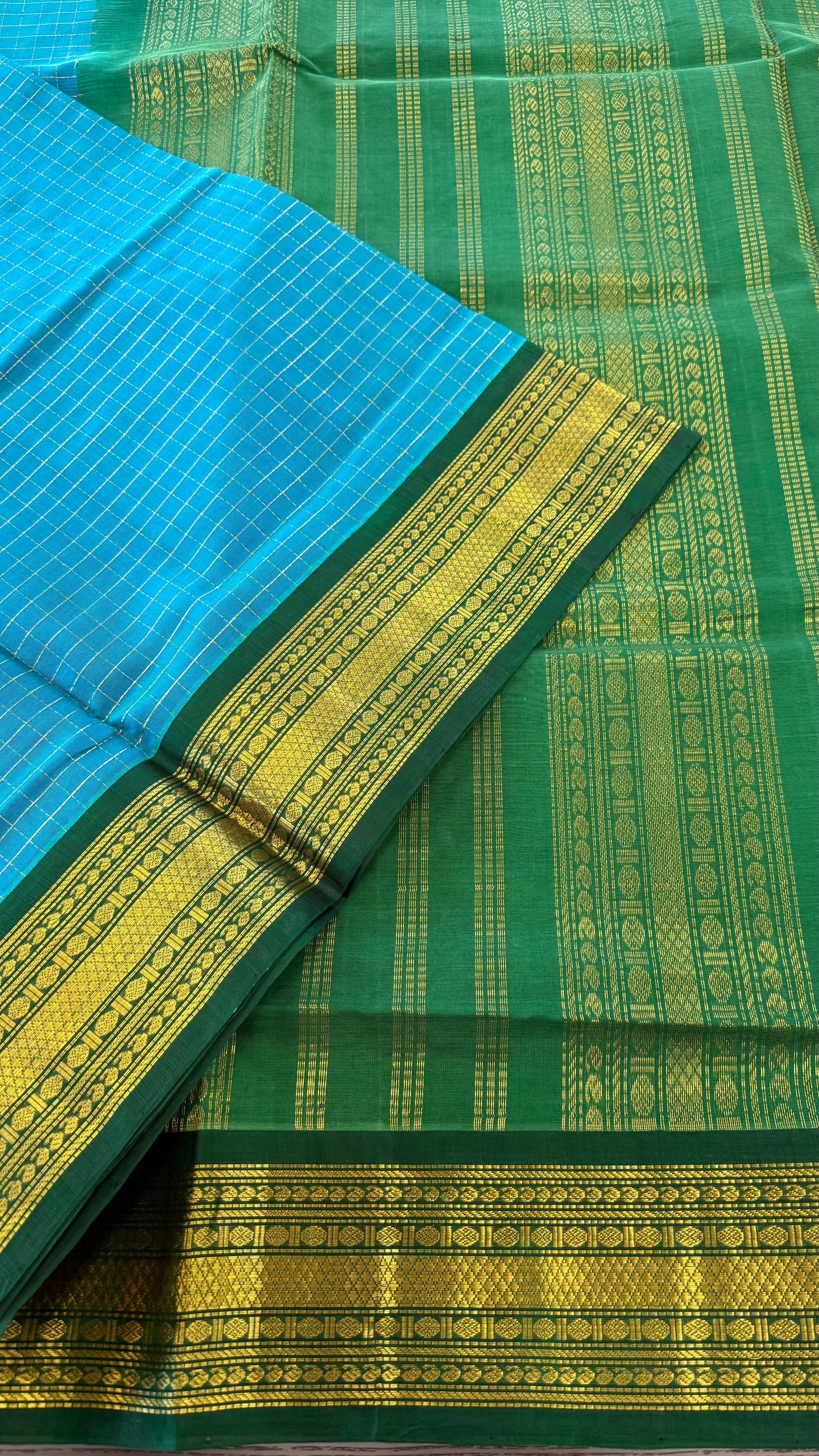 DUAL TONE TURQUOISE BLUE AND GREEN HANDLOOM KANCHIPURAM SILK COTTON (KSC37)