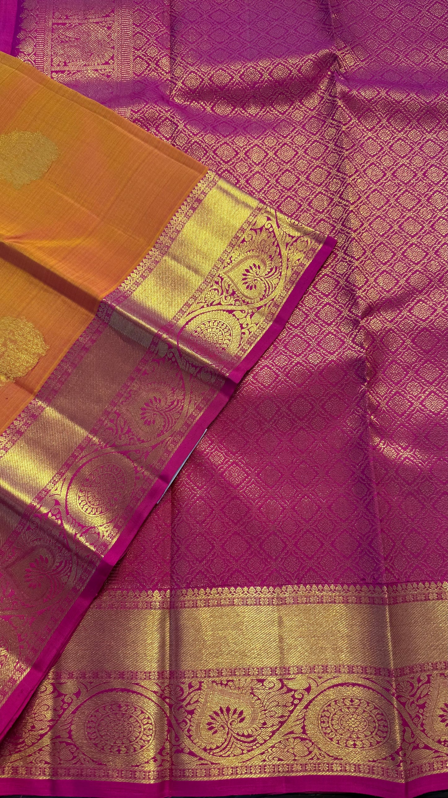 MANGO YELLOW WITH CONTRAST PINK GOLD ZARI HANDLOOM KANCHIPURAM SILK SAREE (KSS379)