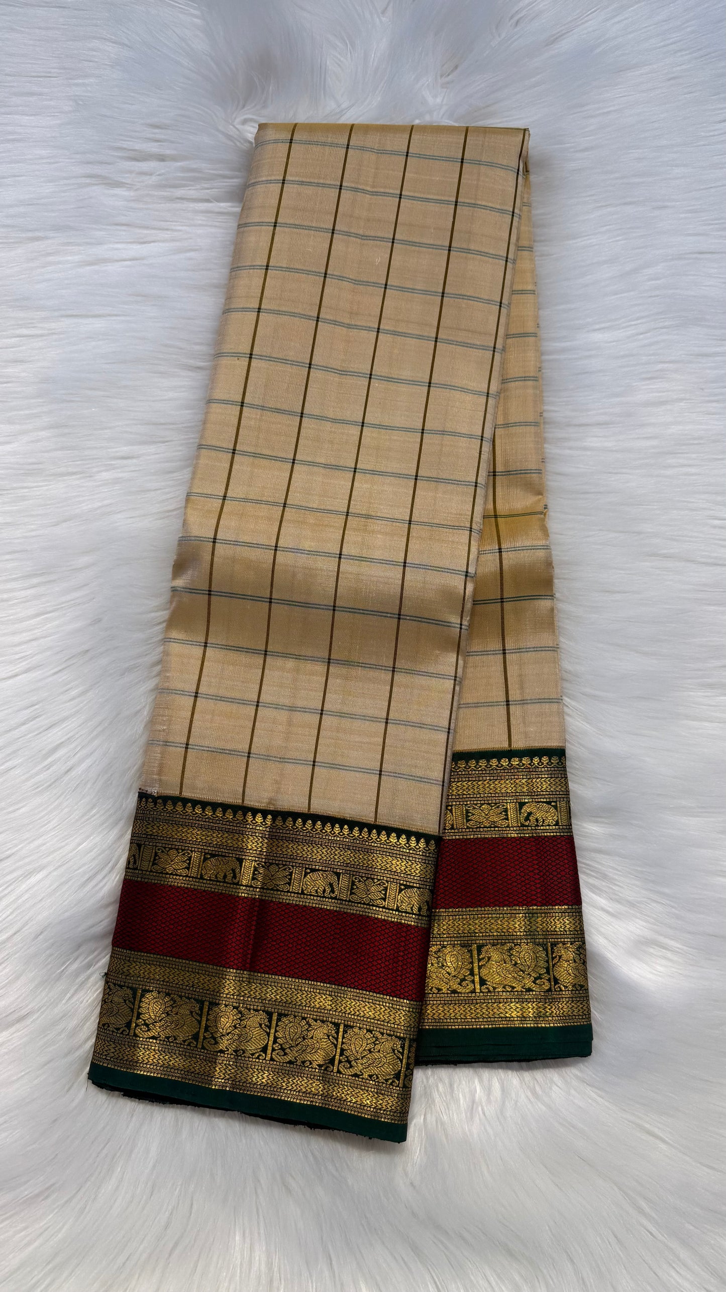 CASHEW CHECKED CONTRAST GREEN GOLD ZARI HANDLOOM KANICHIPURAM SILK SAREE (KSS114)