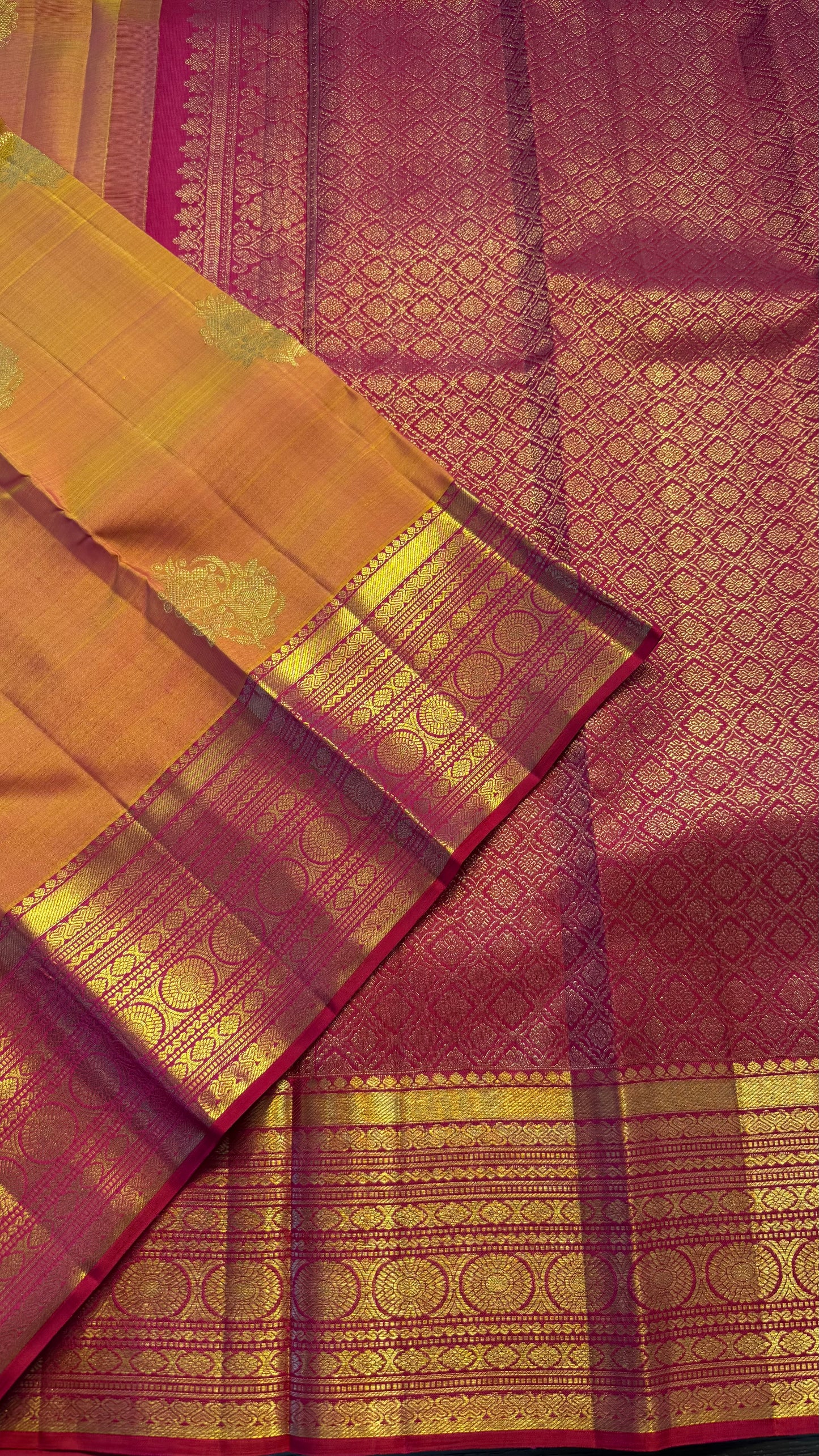 MANGO YELLOW WITH CONTRAST PINK GOLD ZARI HANDLOOM KANCHIPURAM SILK SAREE (KSS388)