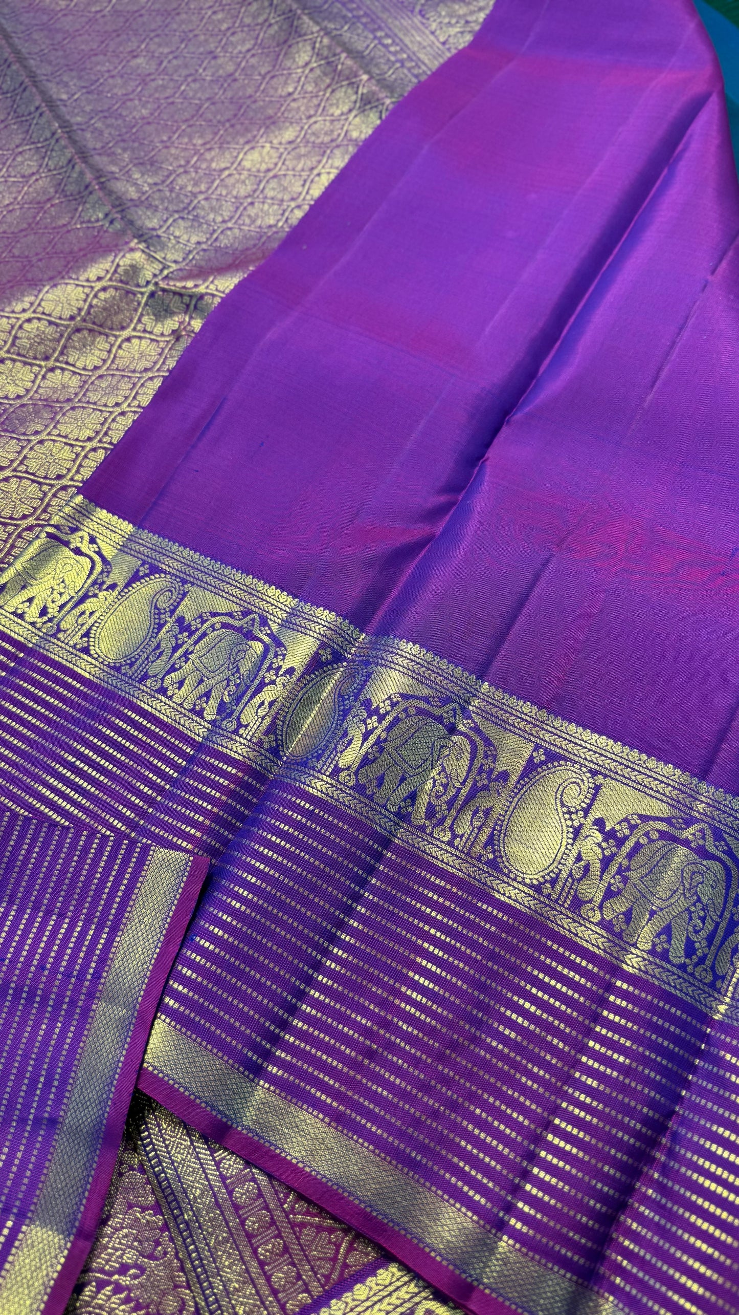 PEACOCK BLUE WITH PURPLE GOLD ZARI HANDLOOM KANICHIPURAM SILK SAREE (KSS241)