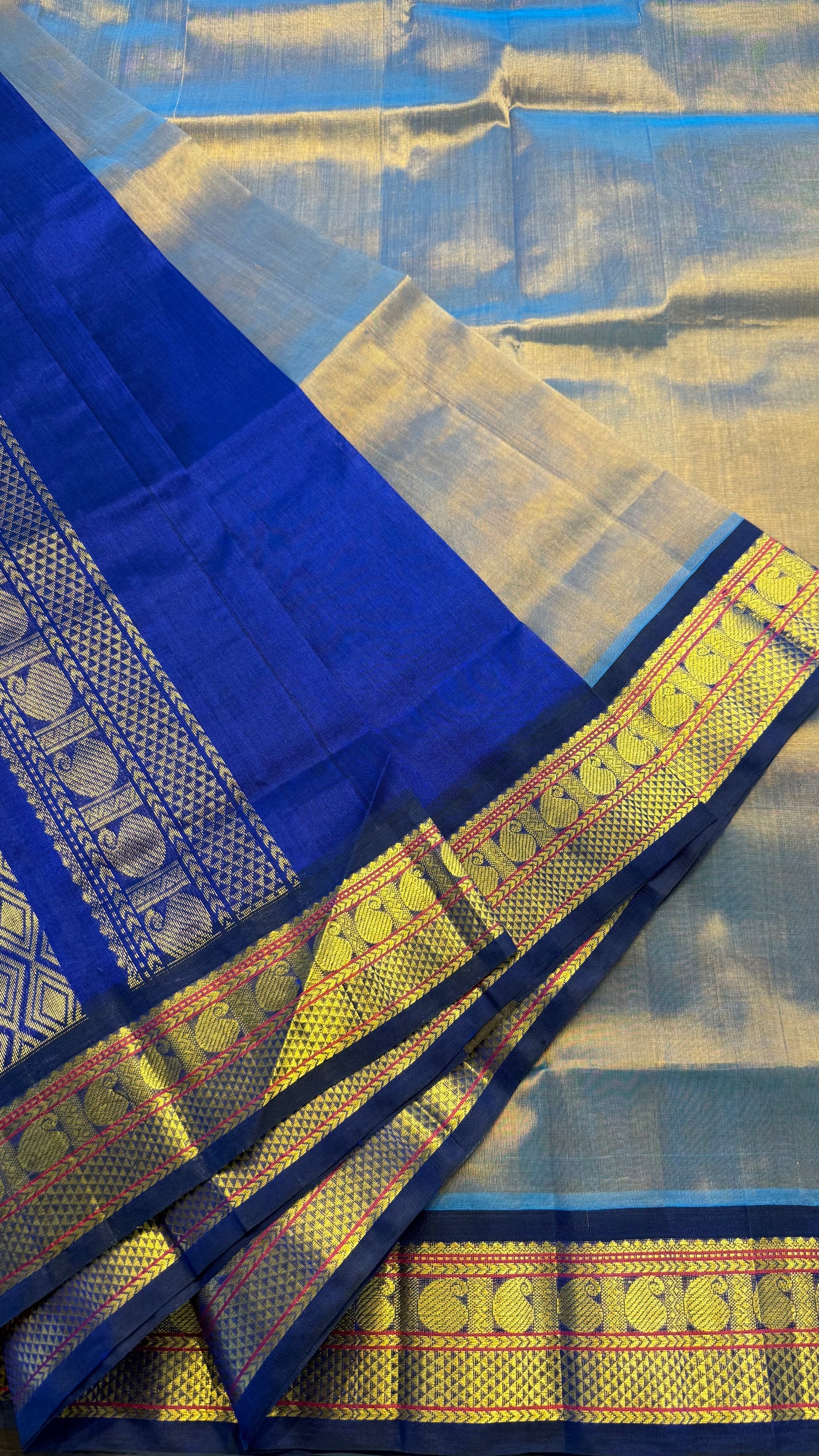 BLUE GOLD WITH ROYAL BLUE HANDLOOM KANCHIPURAM SILK COTTON (KSC112)