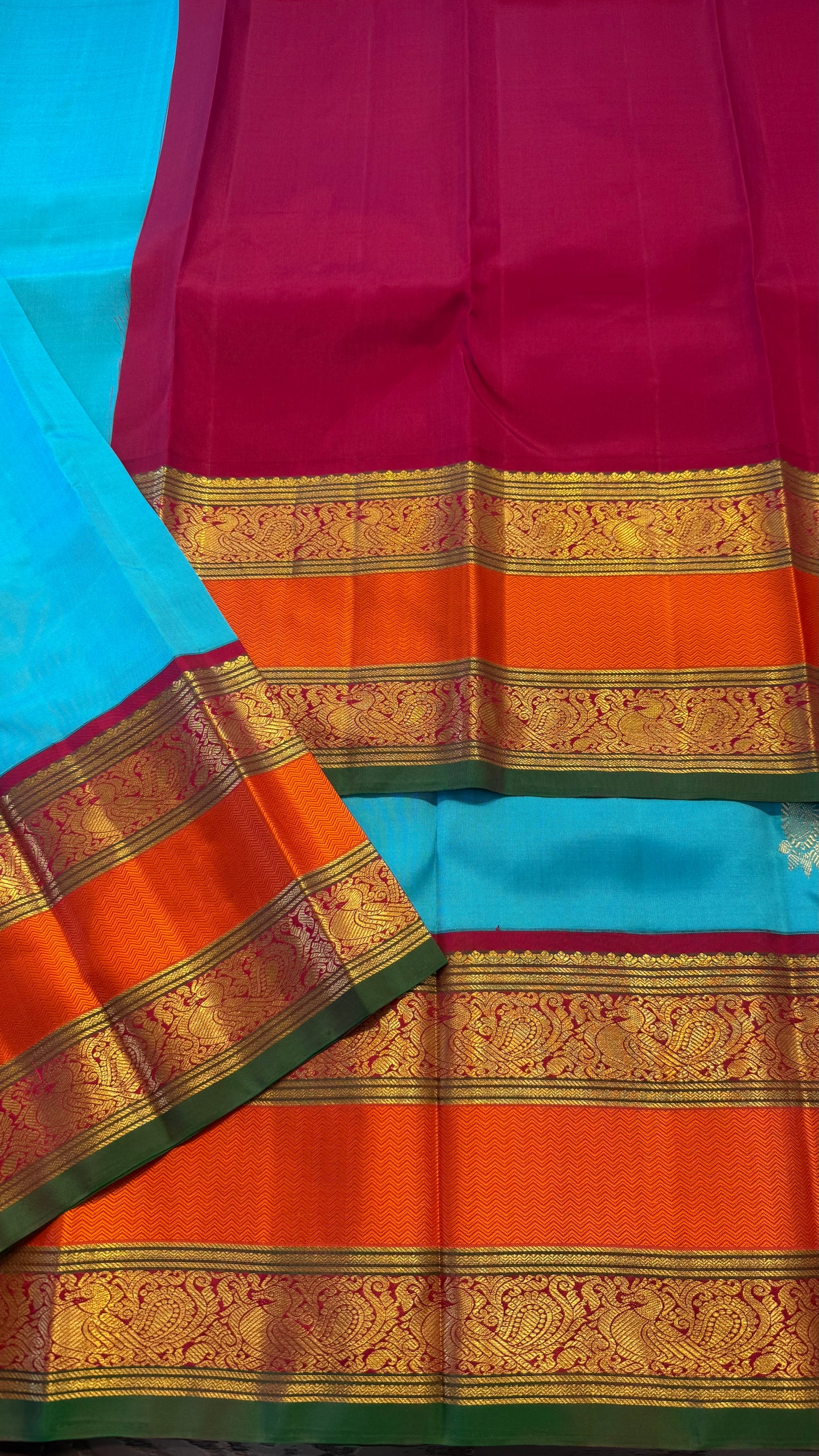 TEAL BLUE WITH CONTRAST ORANGE ZARI HANDLOOM KANCHIPURAM SILK SAREE (KSS 484)