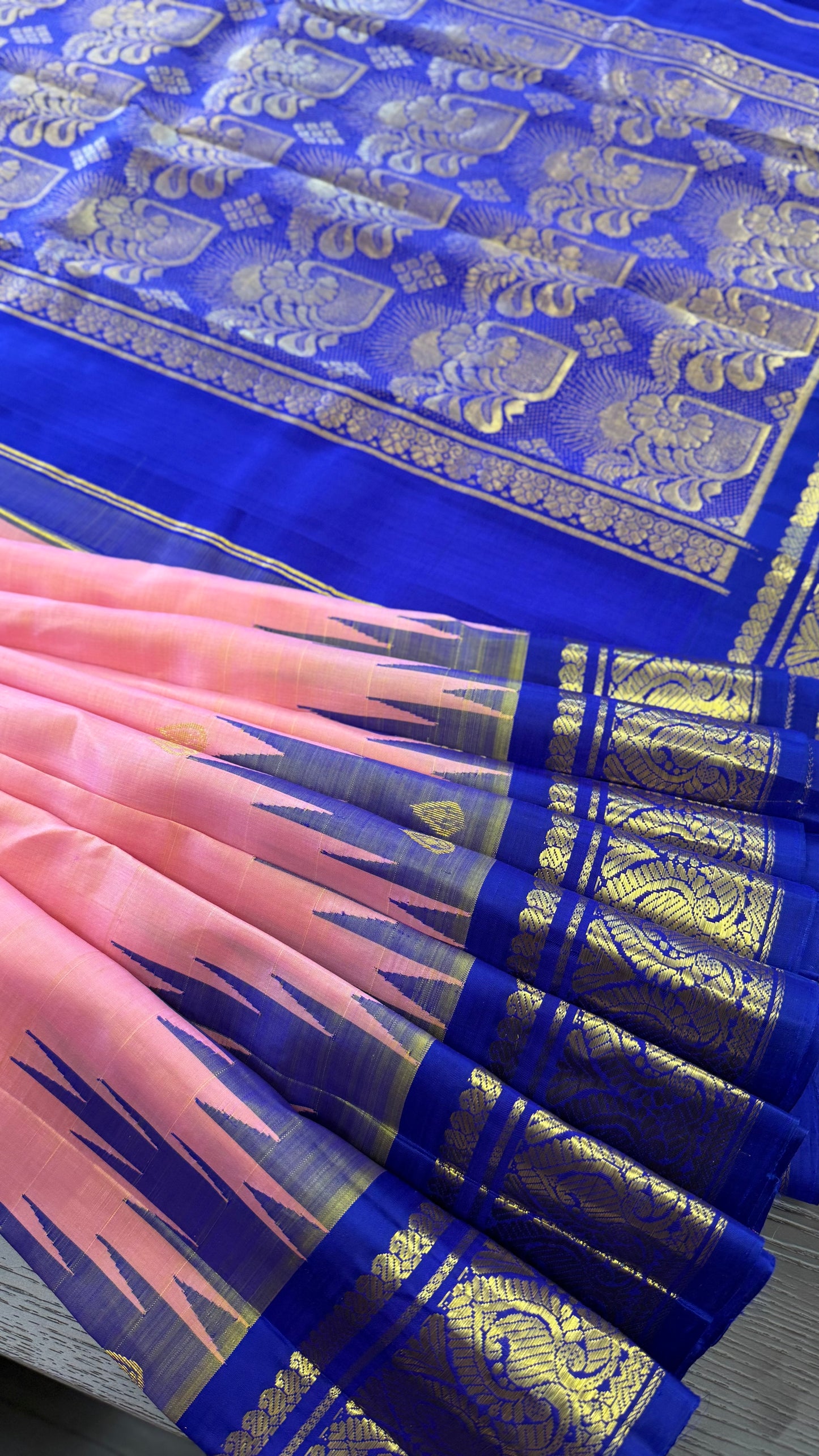 PEACH WITH CONTRAST INDIGO PURPLE PURE HANDLOOM KANICHIPURAM SINGLE SIDE BORDER SILK SAREE (KSSB02)