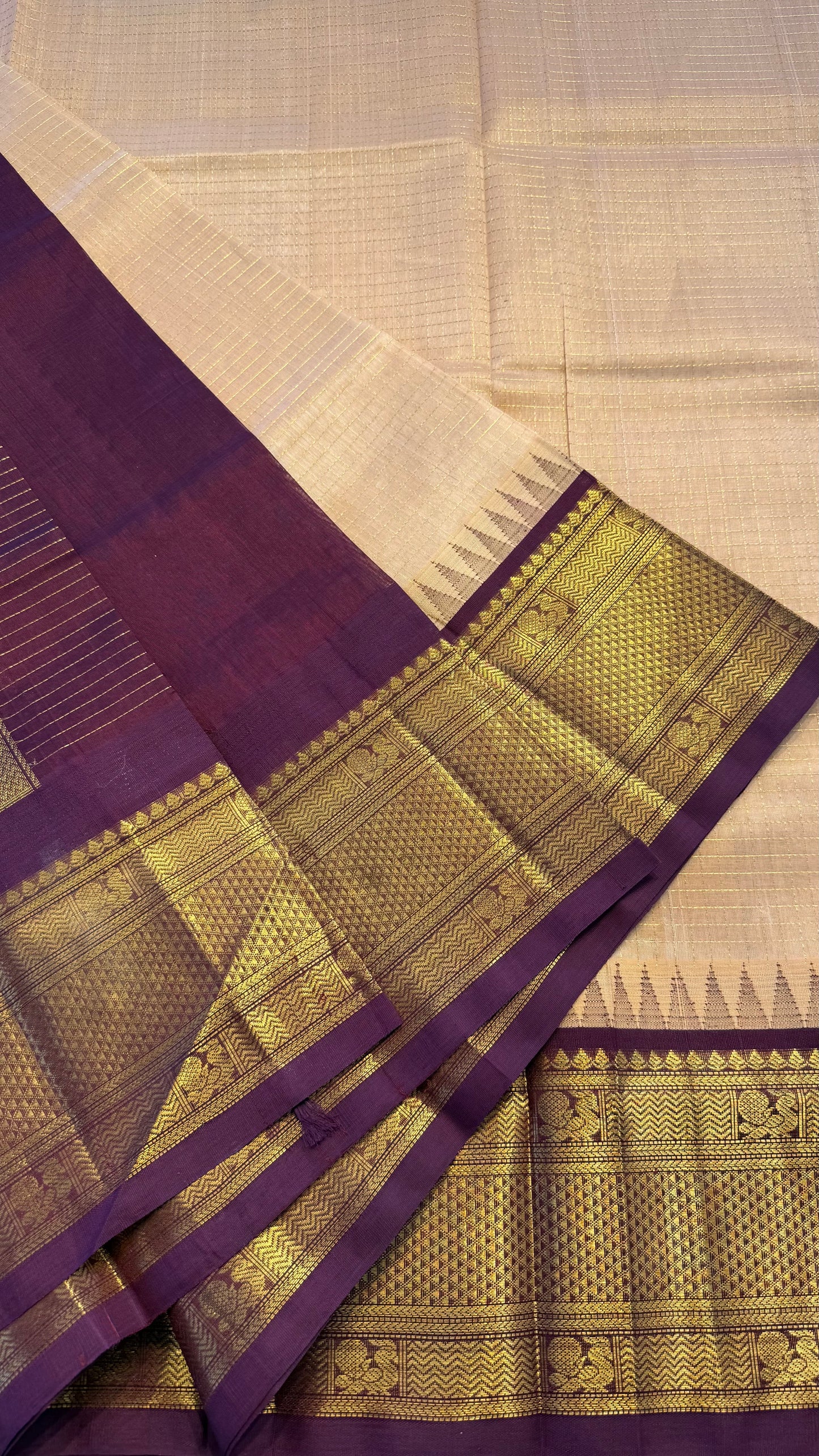 CHECKED PEACH WITH DARK PURPLE HANDLOOM KANCHIPURAM SILK COTTON (KSC142)