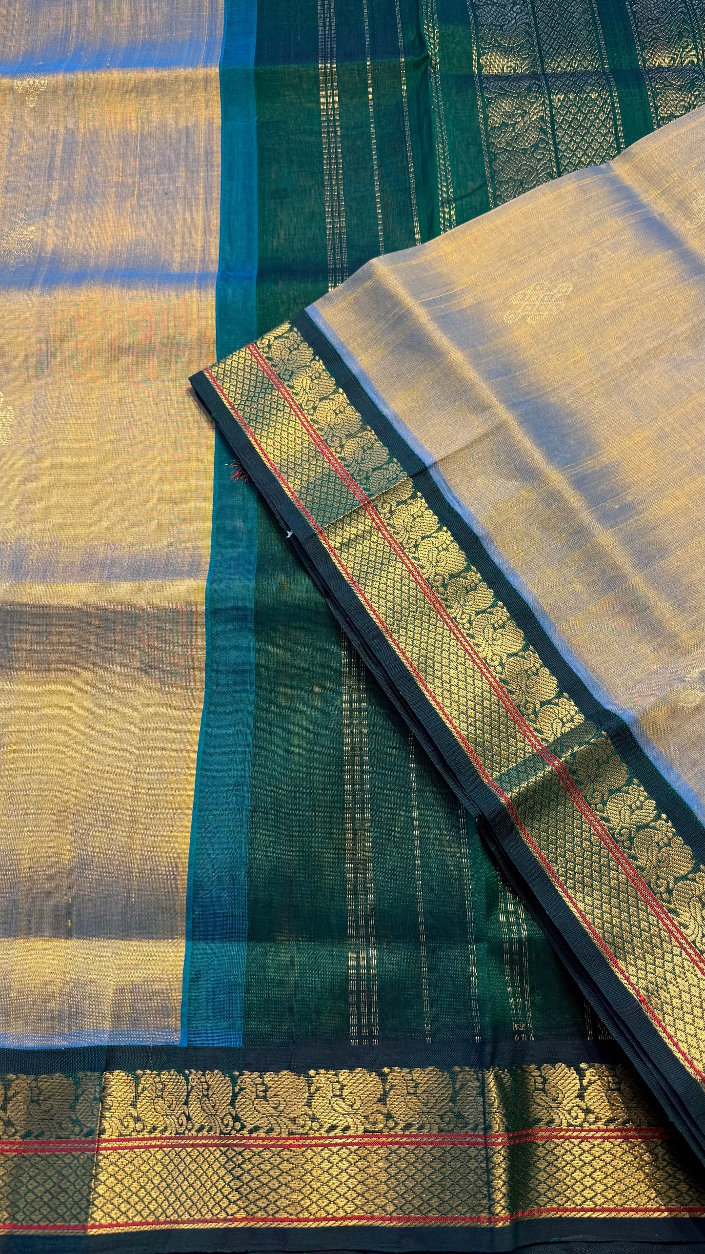 TURQUOISE GOLD WITH GREEN HANDLOOM KANCHIPURAM SILK COTTON (KSC114)