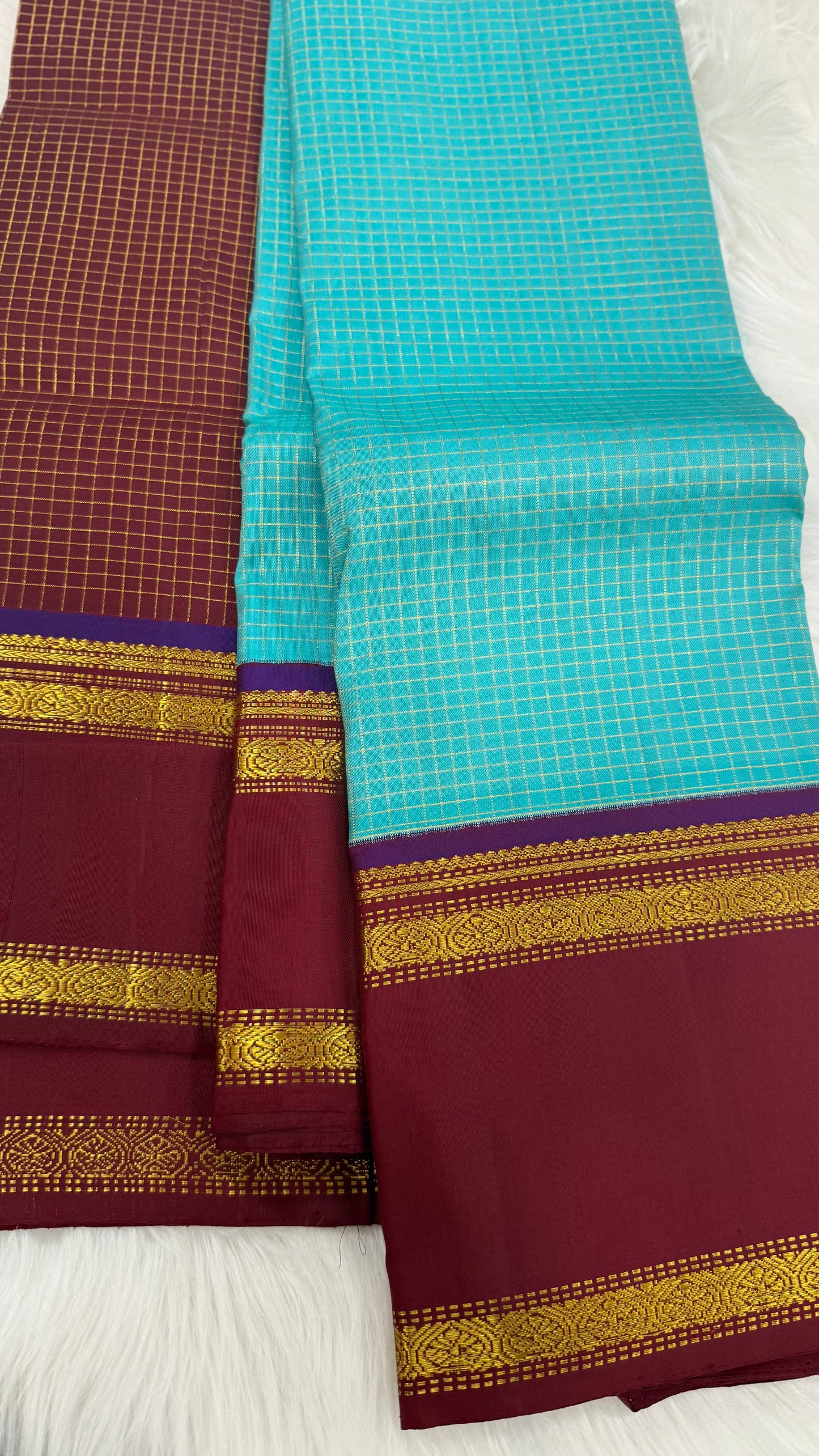 TURQUOISE BLUE KATTAM RETTA PETTA GOLD ZARI HANDLOOM PURE KANICHIPURAM SILK SAREE (KSS225)
