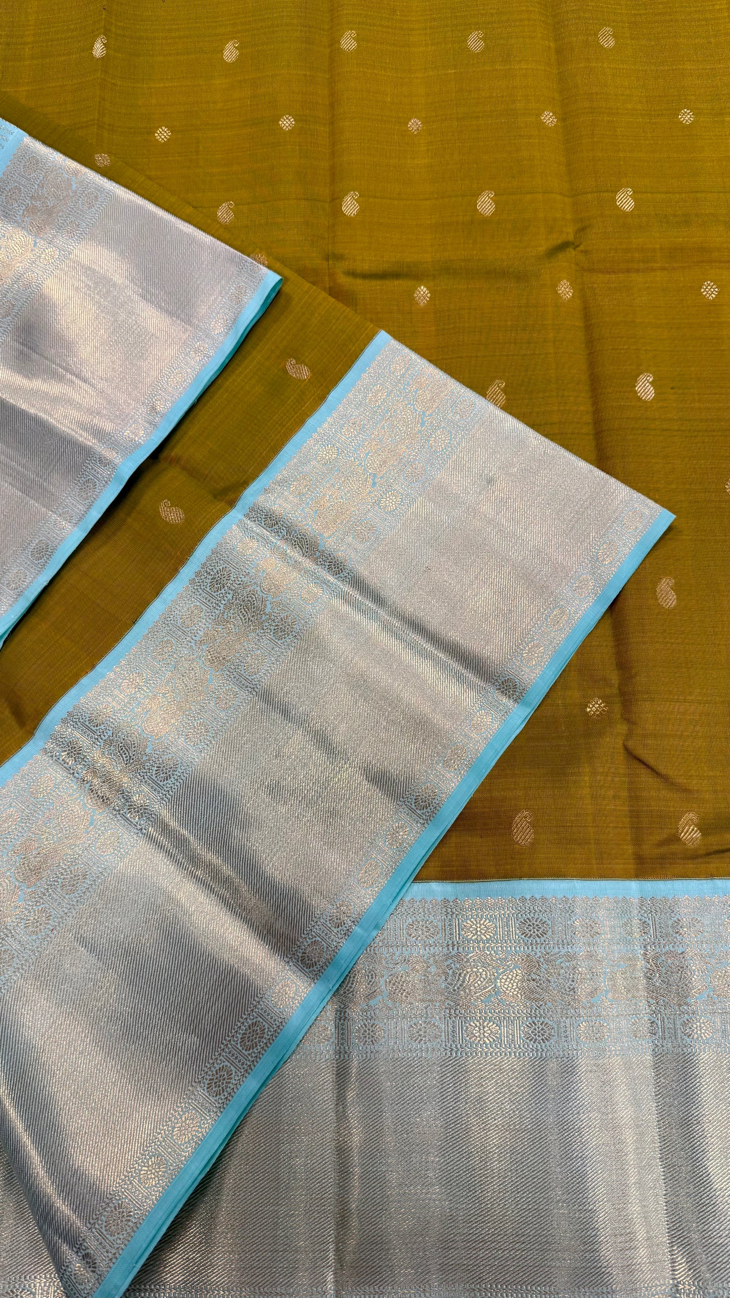 OLIVE GREEN & TIFFANY BLUE KANICHIPURAM HANDLOOM SILK SAREE (KSS05)