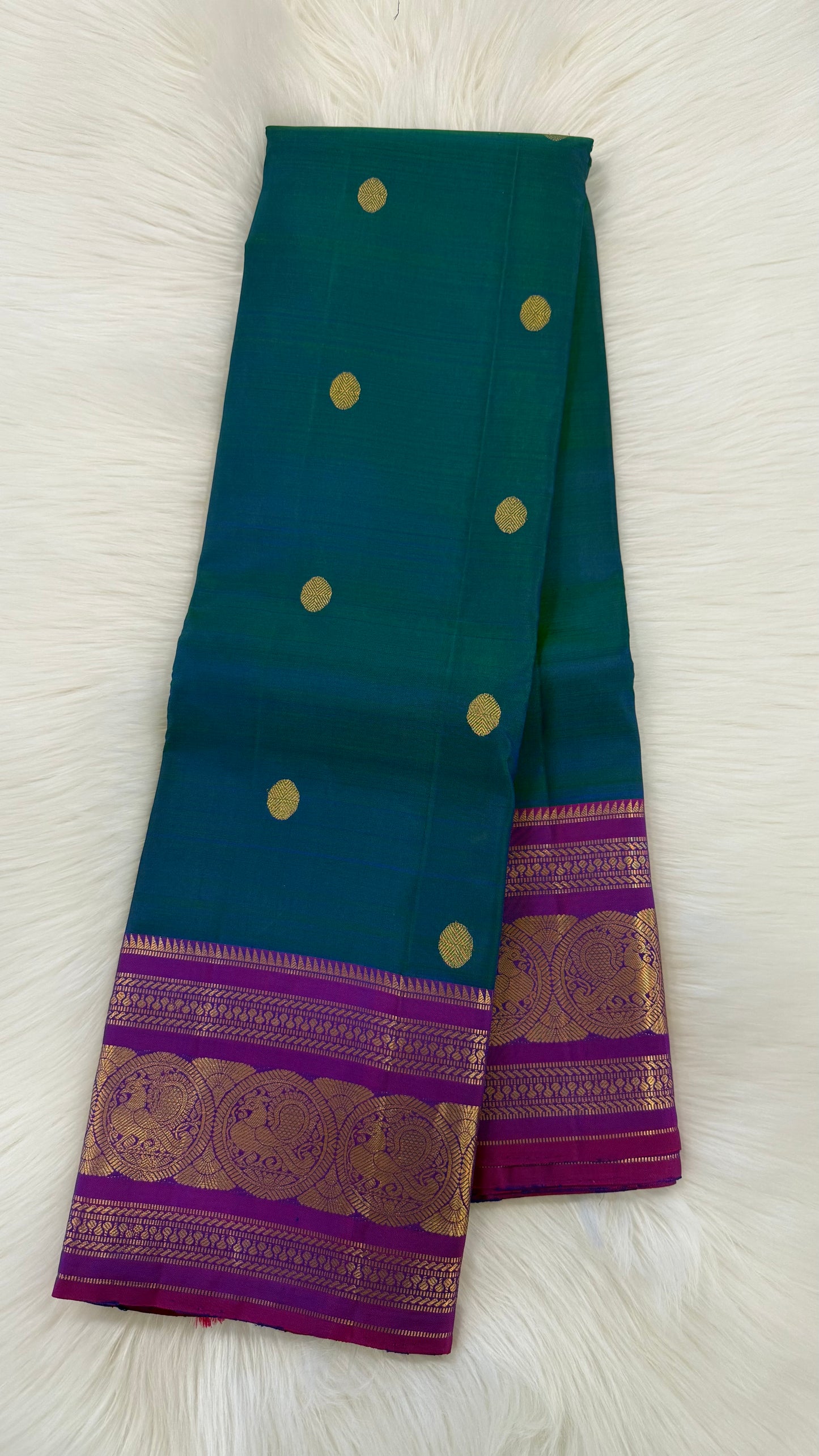 PEACOCK BLUE CONTRAST PURPLE GOLD ZARI HANDLOOM KANICHIPURAM SILK SAREE (KSS188)