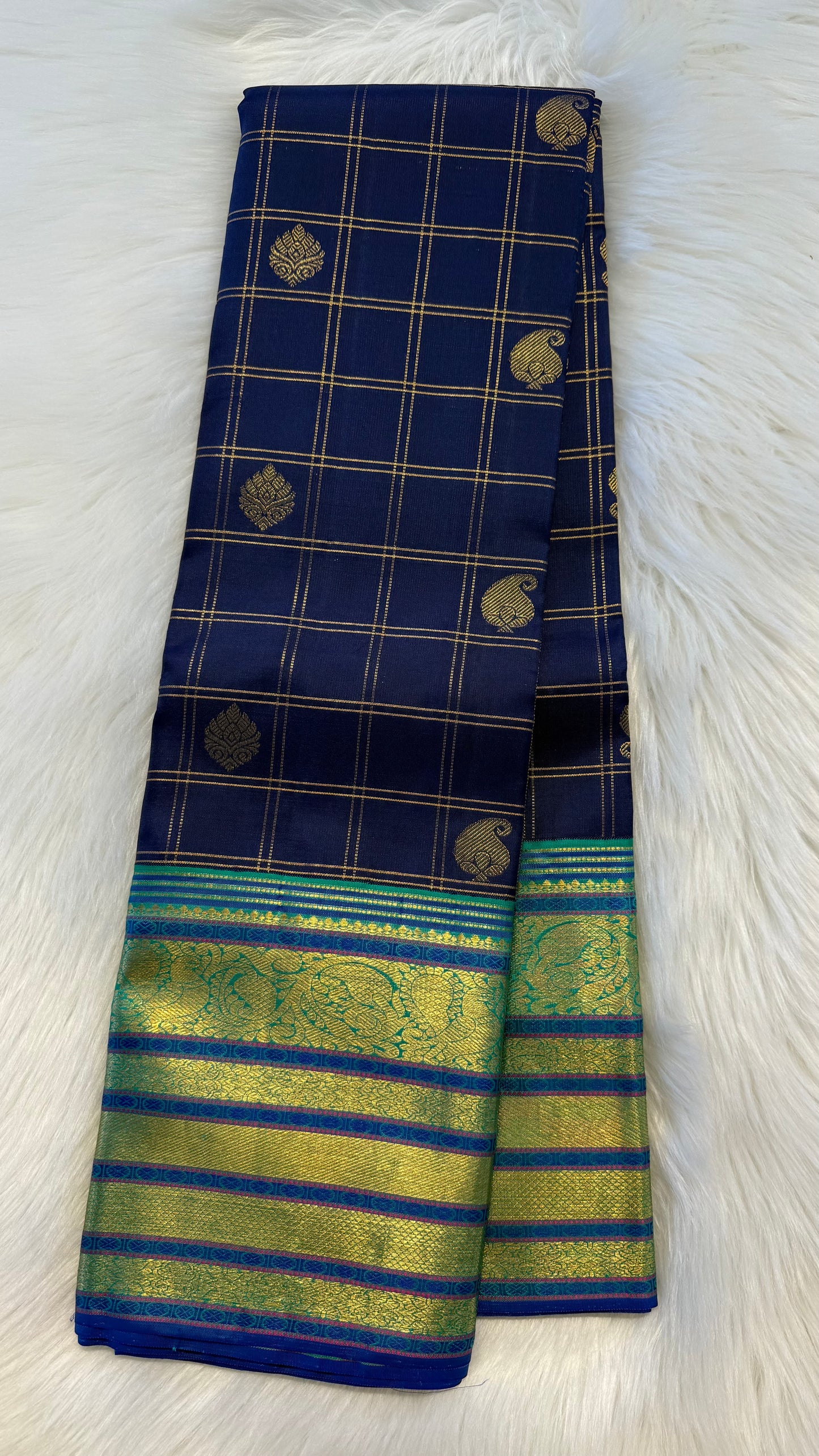 DARK BLUE CHECKED WITH CONTRAST TURQUOISE GOLD ZARI HANDLOOM KANICHIPURAM SILK SAREE (KSS279)