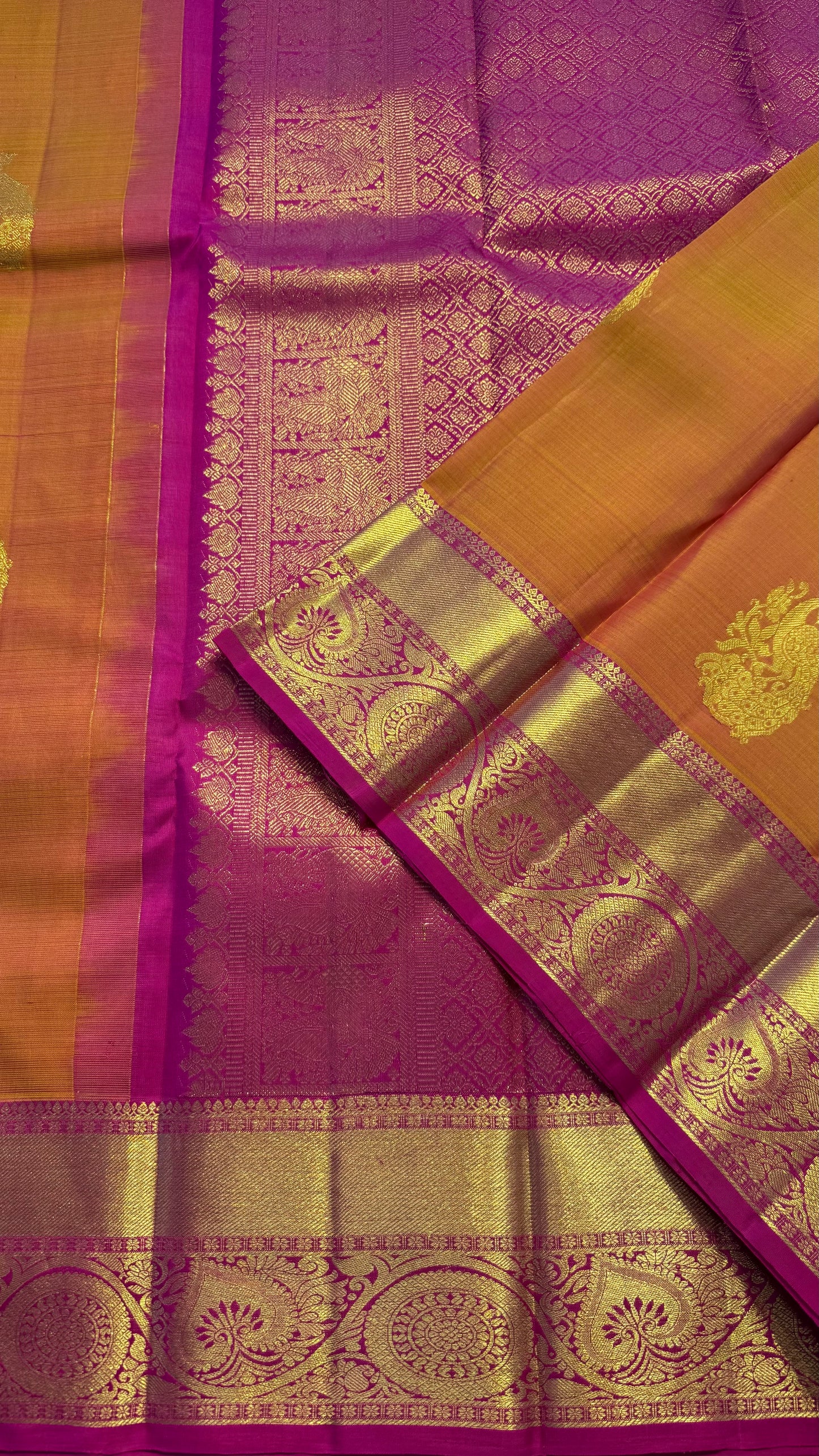 MANGO YELLOW WITH CONTRAST PINK GOLD ZARI HANDLOOM KANCHIPURAM SILK SAREE (KSS379)