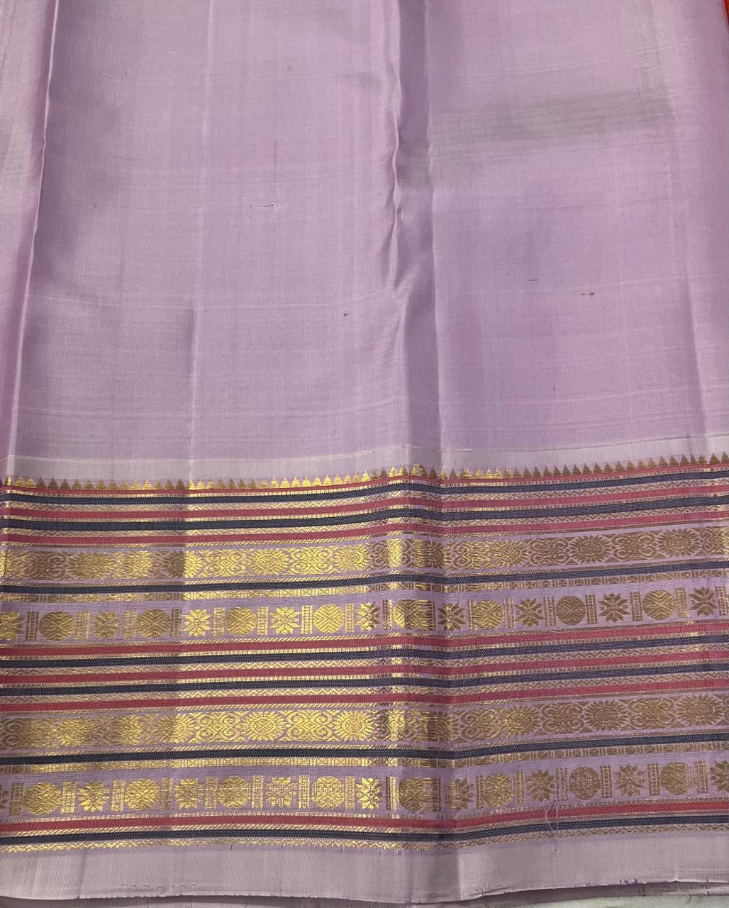 TRADITIONAL GANDABHERUNDA-YAZHI BRIGHT FANTA ORANGE & LAVENDER GOLD ZARI PURE KANCHIPURAM HANDLOOM SILK SAREE KSC 03