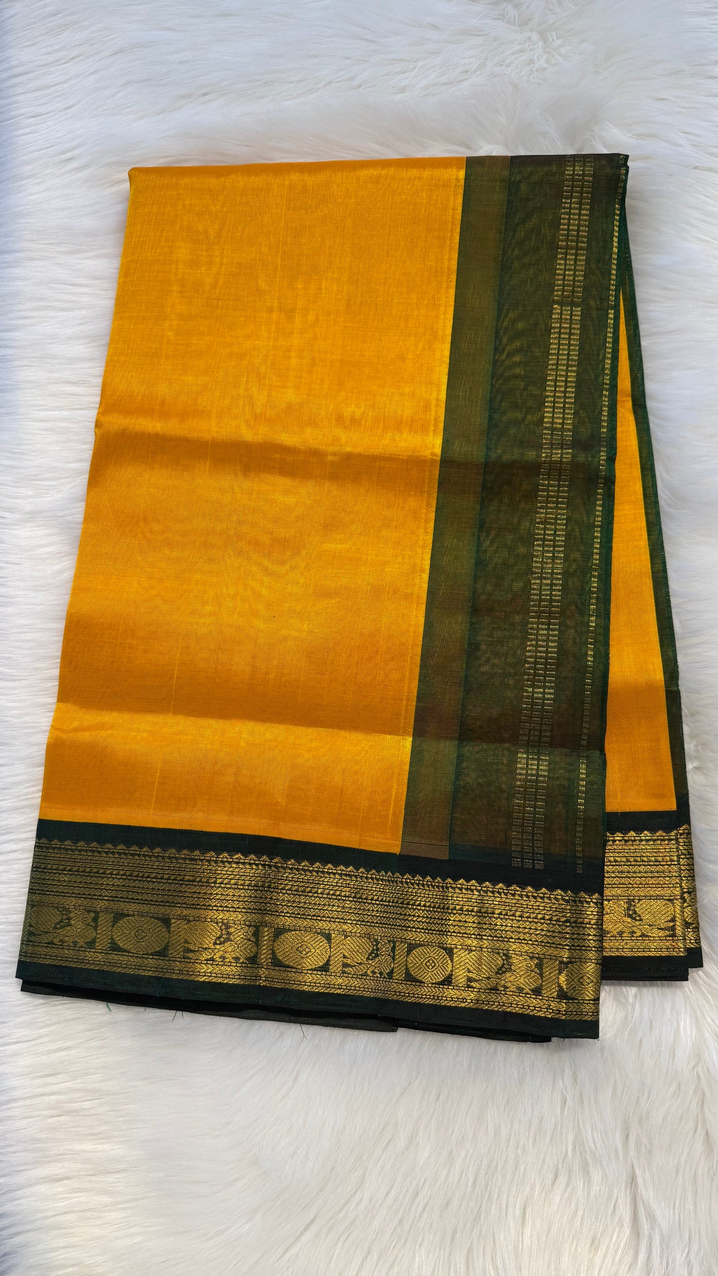 YELLOW WITH CONTRAST GREEN KANCHIPURAM SILK COTTON (KSC65)