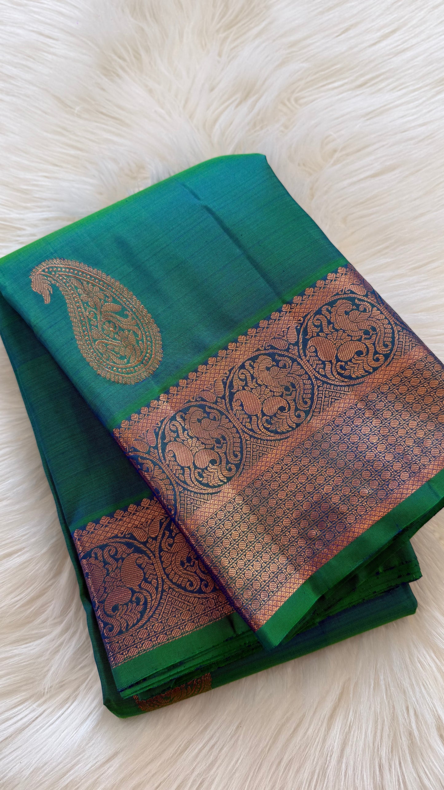 DUAL TONE PEACOCK BLUE ROSE GOLD ZARI HANDLOOM PURE KANICHIPURAM SILK SAREE (KSS231)