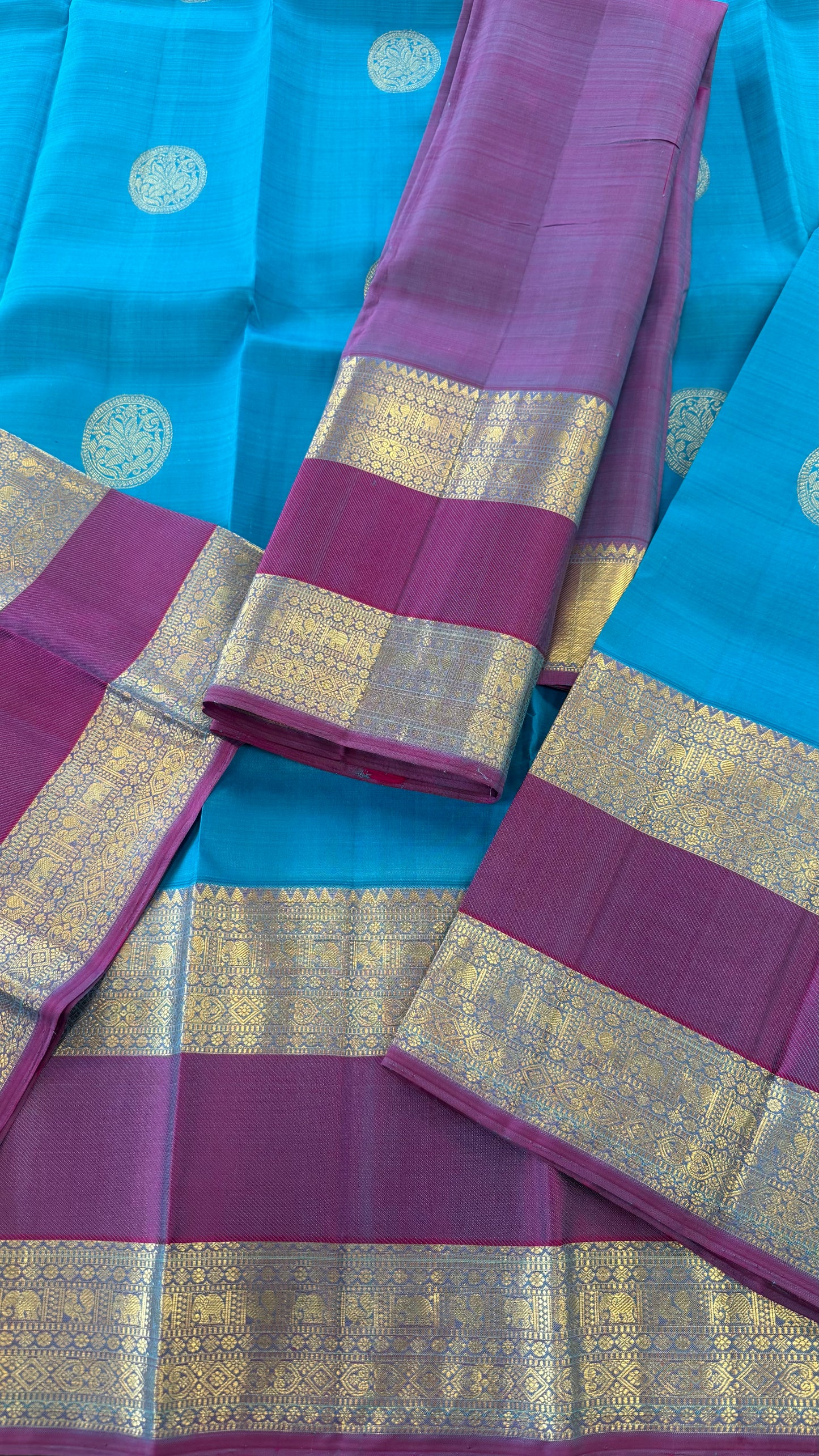 TURQUOISE BLUE WITH CONTRAST PURPLE GOLD ZARI HANDLOOM KANICHIPURAM SILK SAREE (KSS165)